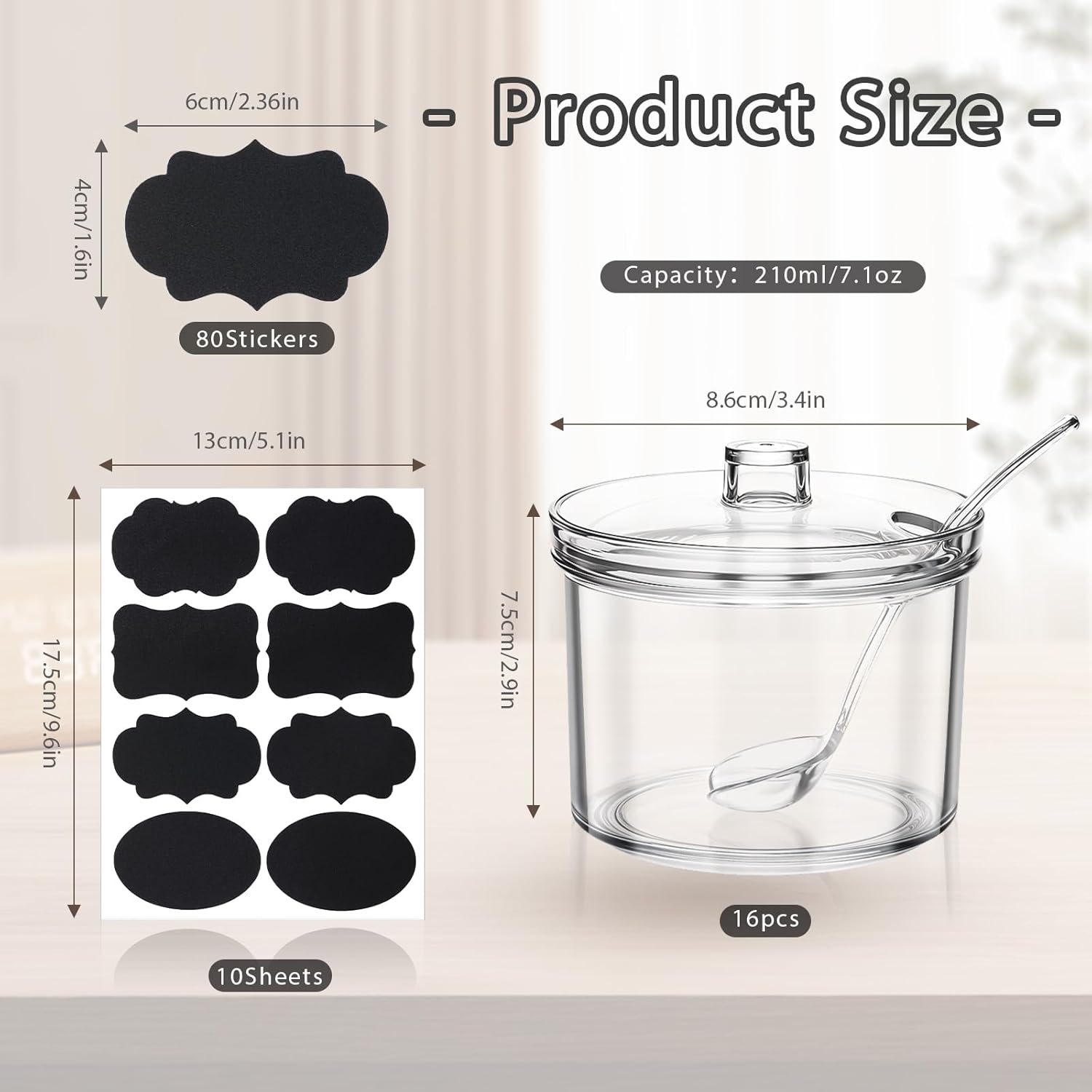 16Pcs Toppings Containers with Lids and Spoon with Tag, 7.1 Oz Clear Acrylic Sugar Salt Dispenser for Countertop, Ice Cream Sundae Toppings, Condiment Organizer Set for Restaurant Supplies