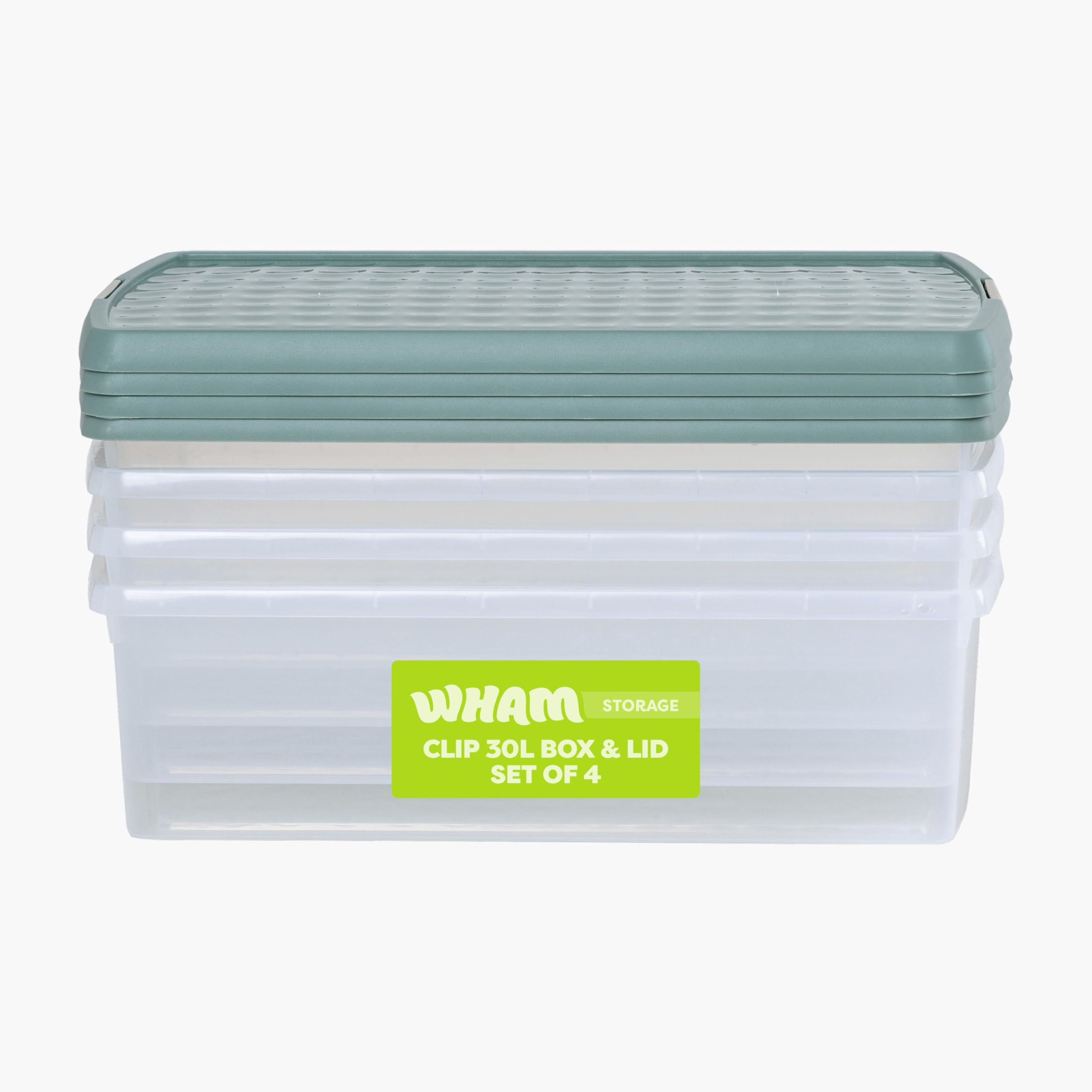 Wham Clip 4 x 30L Rectangular Stackable Plastic Storage Boxes with Lids | Ideal for Home, Office, Toys & More | Storage Containers with Clip Locks | Made in UK - Clear/Green Milieu