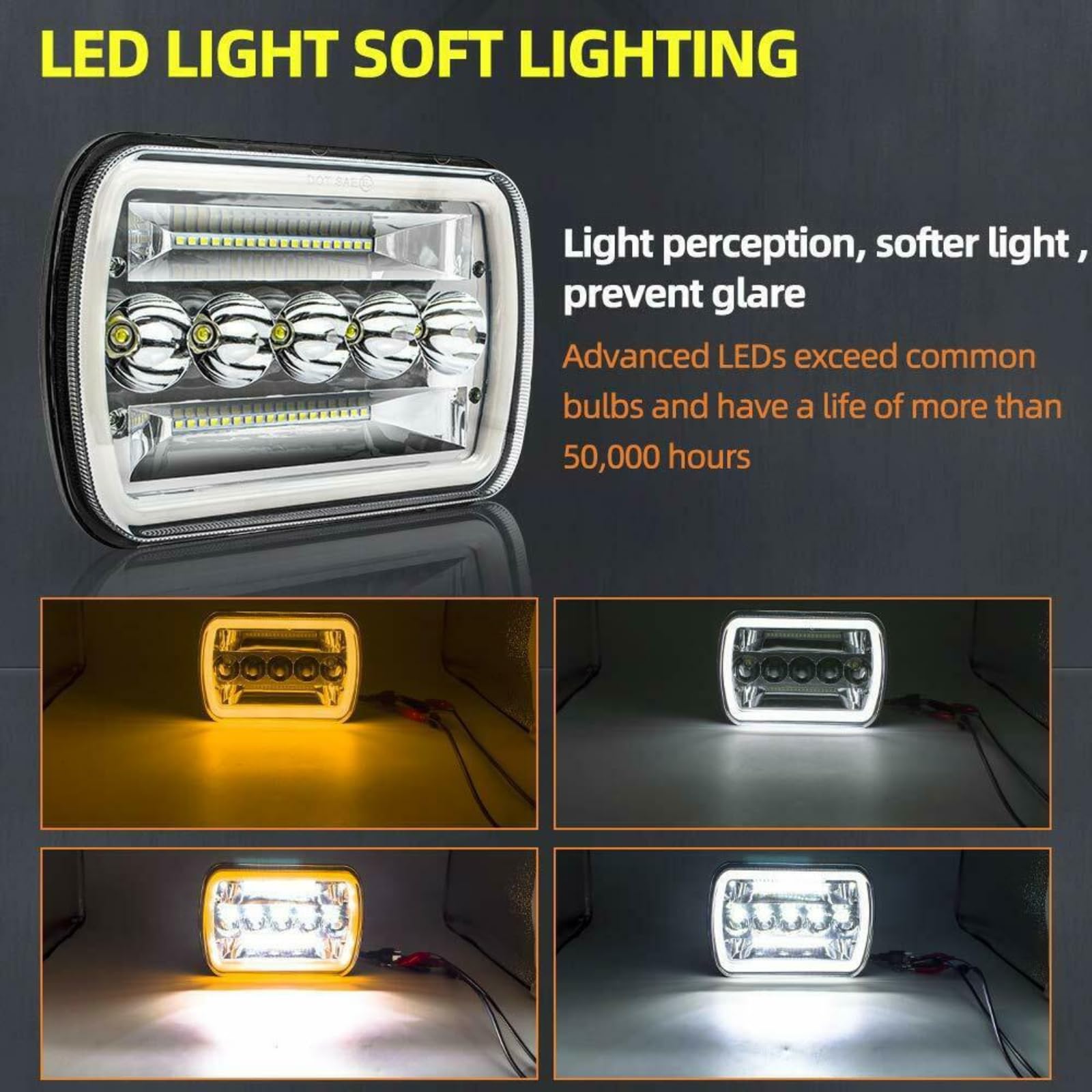 Fari LED Da 5x7 Pollici, 45 W 4500 Lm Con Luci Di Marcia Diurna Angel Eye Bicolore, Fascio Sigillato Hi/Lo, Spia Arancione, Fari Con Presa H4 Per Veicoli Fuoristrada, Camion, 2 Pezzi