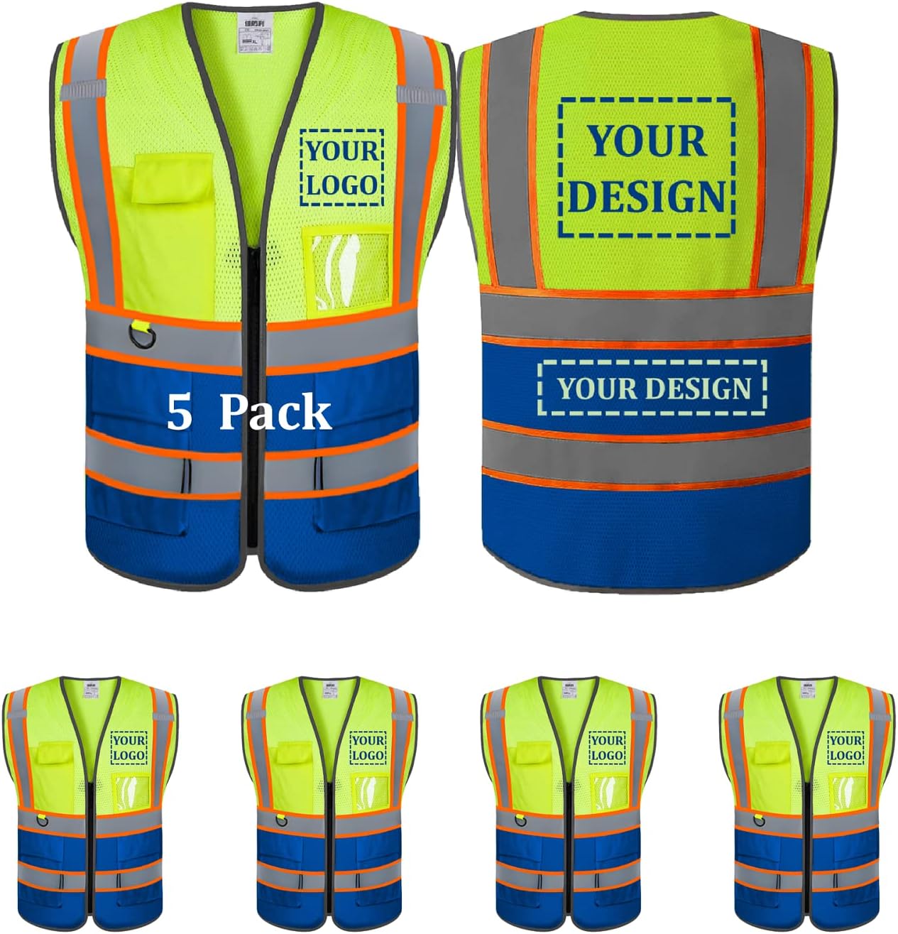 Custom Mesh Safety Vest 5 Pack Customized Logo Class 2 High Visibility Reflective Vest with Pockets Construction workwear（Yellow Blue，XL ）