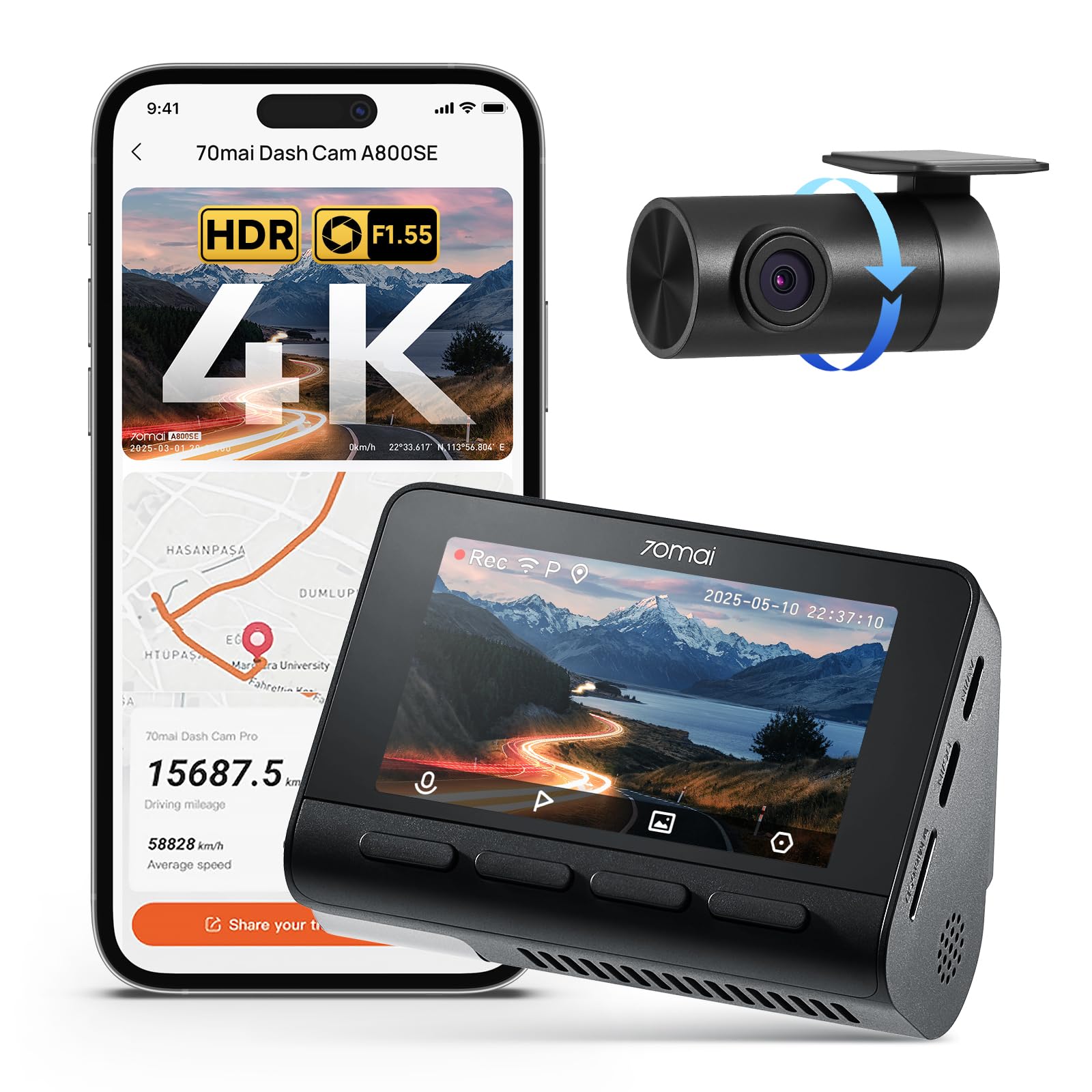 70mai A800SE Dash Cam Car Front Rear 4K UHD+1080P with GPS WiFi, Dual Car Camera with, F1.55 Aperture HDR, Night Vision, Adas, 24/7 Parking Monitoring, Supports 512 GB Max (microSDcard Not Included)
