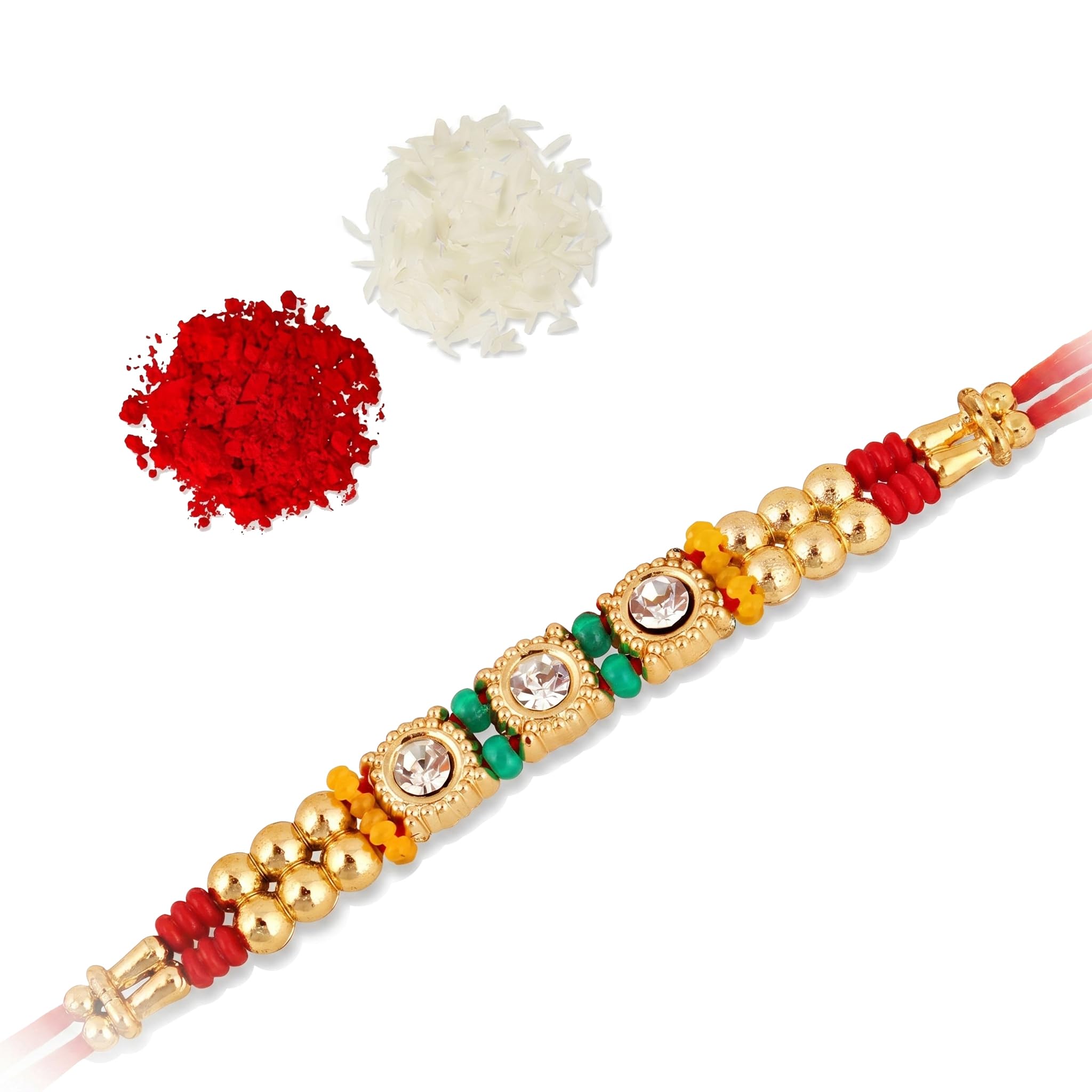 Lucky Jewellery Designer Gold-Toned Triple Crystal Rakhi for Brother | Complete Raksha Bandhan Gift Set with Roli, Chawal (27-S7R1-EA0963)
