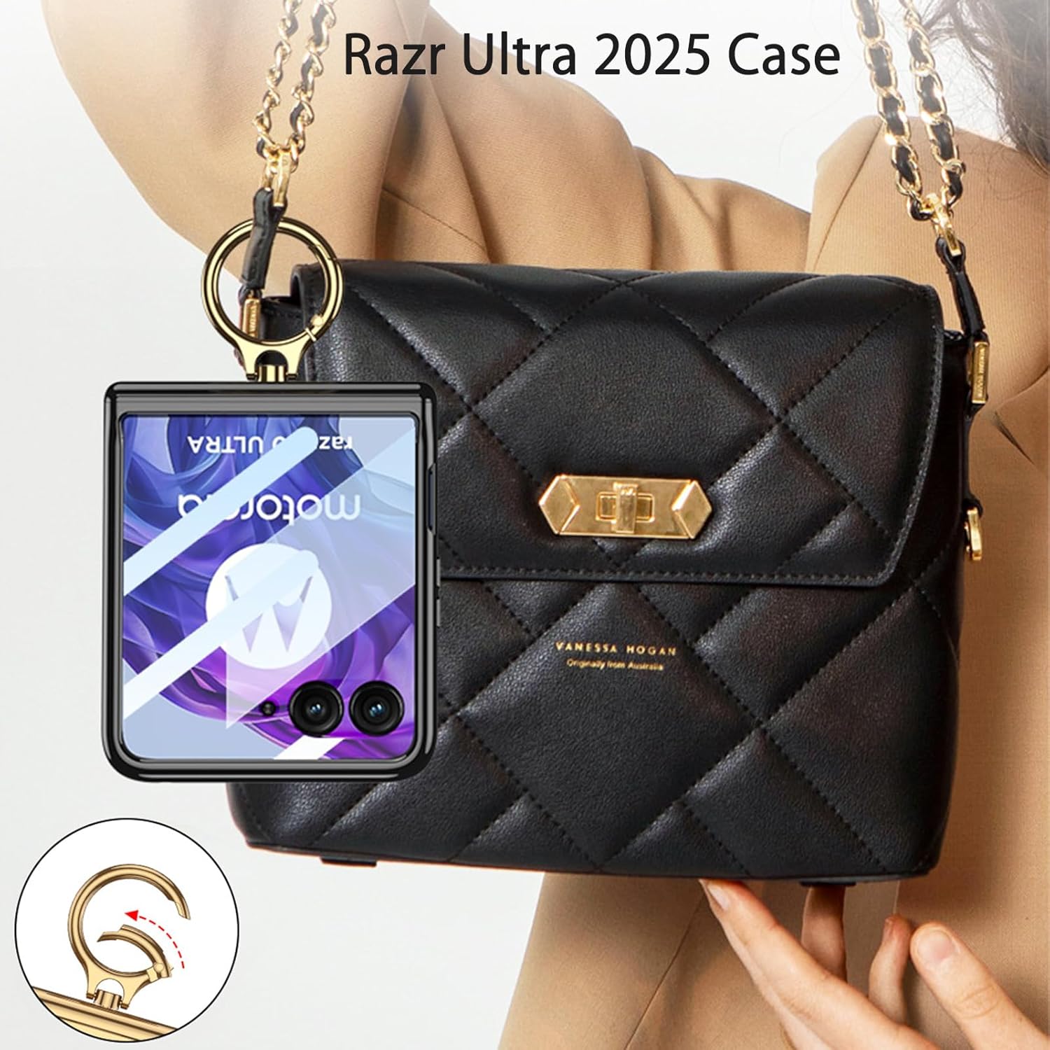 MistWorld for Motorola Razr Ultra 2025 Clear Case with Ring Holder & Built-in Front Screen Protector & Magnetic Hinge & Electroplated Frame (Gold, Razr Ultra 2025)