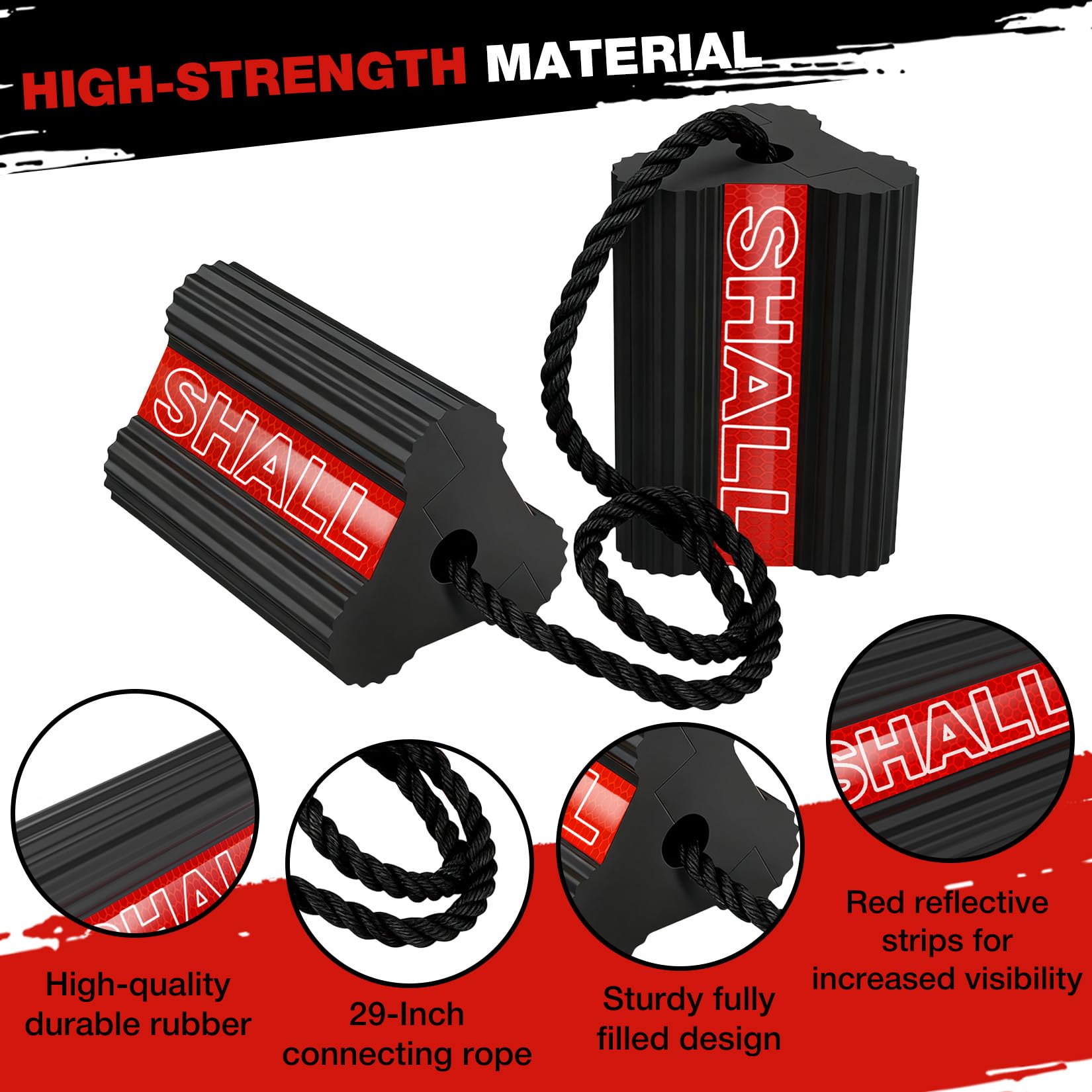 SHALL Cunei per ruote, in gomma resistente, con 3 strisce riflettenti, blocco solido per camper, camion, auto, aerei, confezione da 2 paia/4 pezzi con corda, rosso
