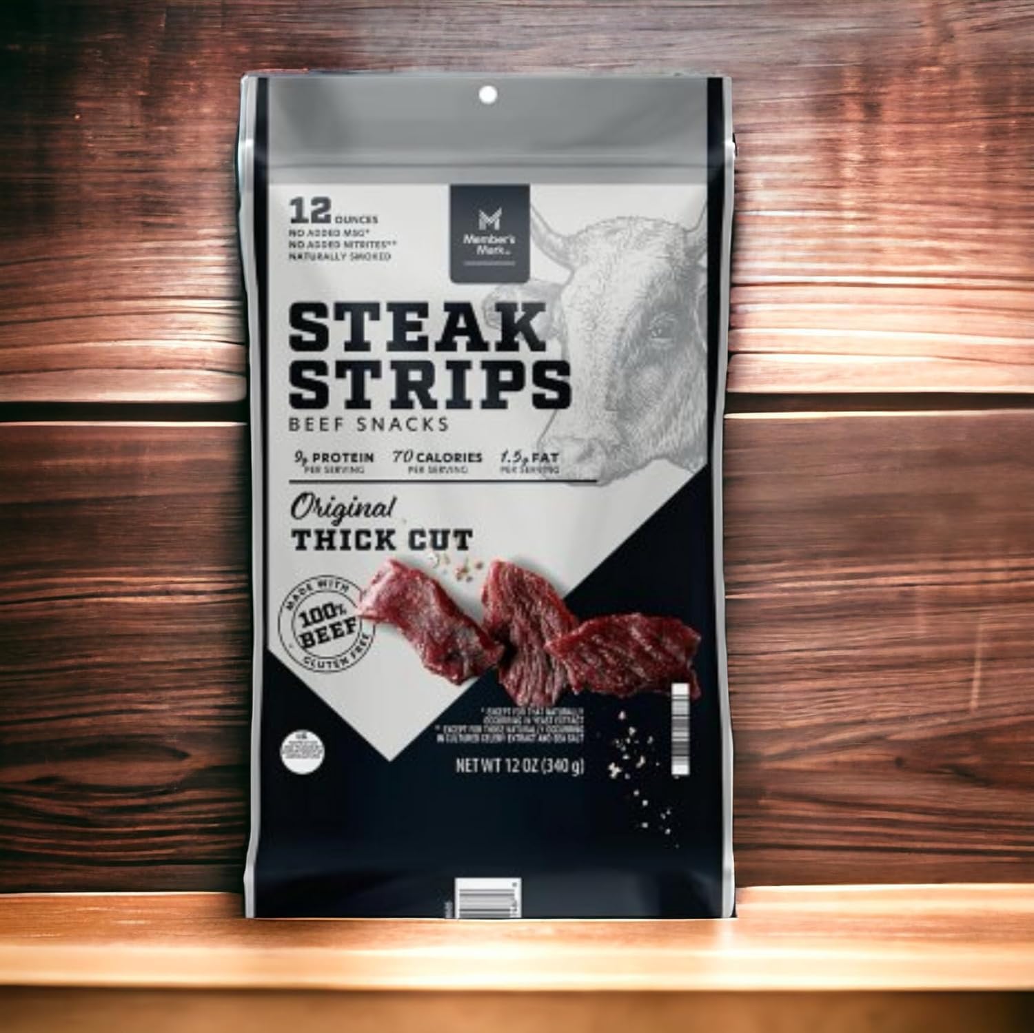 Member's Mark Thick Cut Beef Steak Strips 12 oz - 100% Beef, Naturally Smoked, 96% Fat Free, 9g Protein Snack