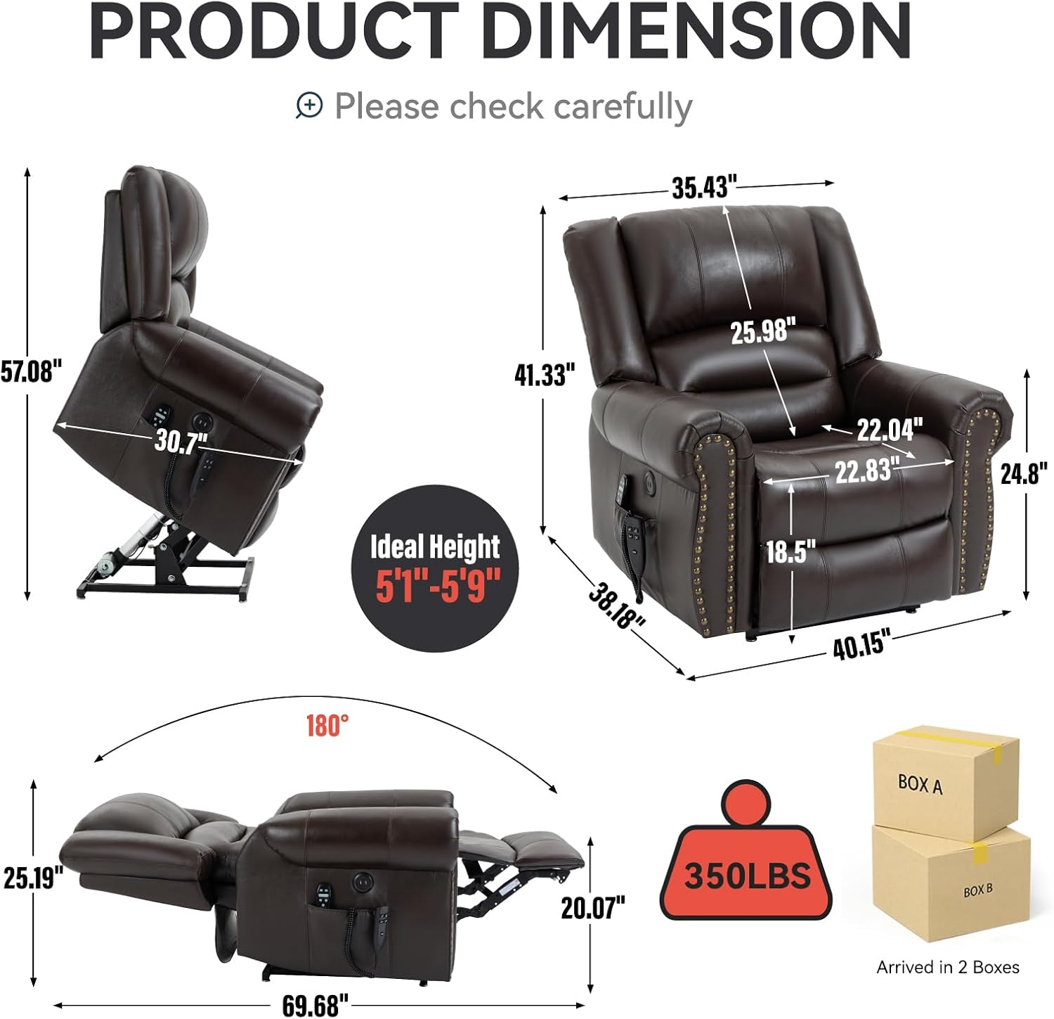 Power Lift Recliner Chair with Heat and Massage, Genuine Leather Electric Dual Motor Infinite Position, Brown