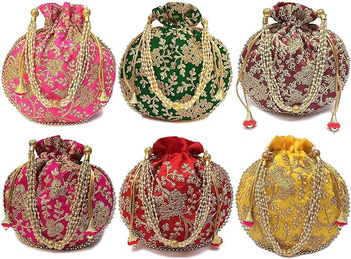 IGH Pack of 15 Indian Ethnic Potli Bag Ladies Handbag for Bridal Batwa Pearls Handle Purse Clutch Purse for Women