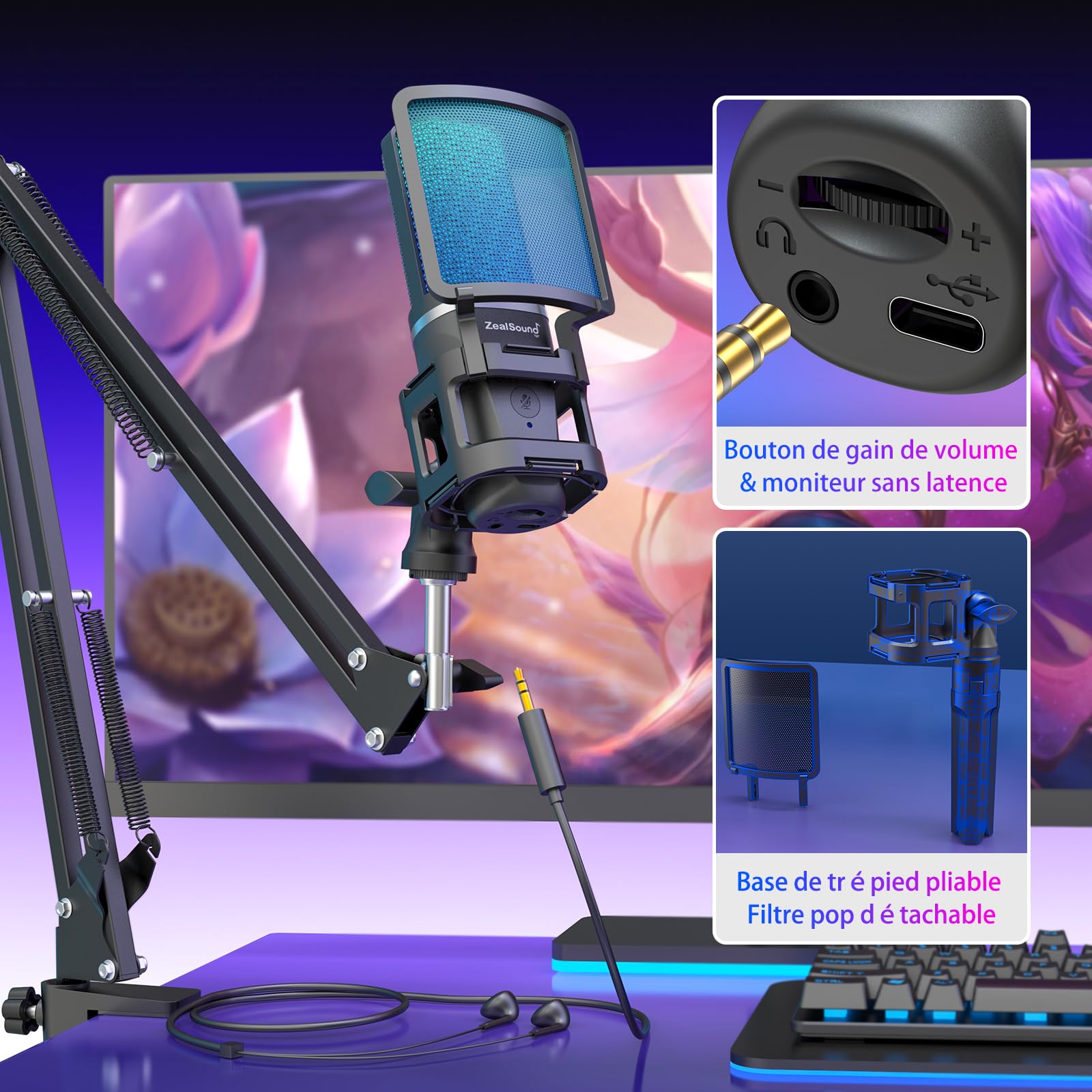 zealsound Micro Gaming pour PC Telephone iPhone, avec RGB et Sourdine, Adaptateur USB-C & Lightning, Trépied & Bras, Prise 3,5 mm, Microphone USB à Condensateur pour Podcast Streaming Twitch Youtube