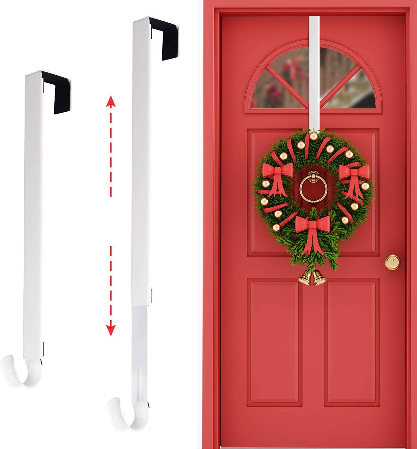 Kederwa White Wreath Hanger for Front Door, Adjustable Door Wreath Hanger Hook Extends from 15inch to 24inch Front Door Wreath Holder Christmas Wreath Decorations
