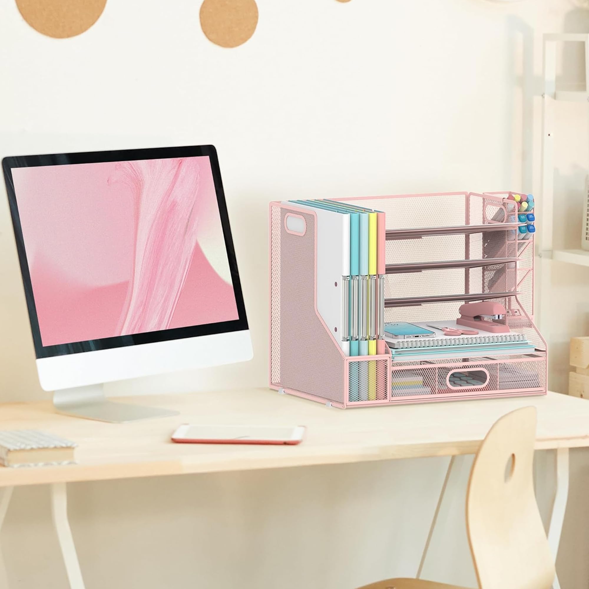 Schreibtisch Organizer mit Aktenhalter, 5-Tier Mesh Papier Brief Tray Organizer mit Stifthalter und Schublade für Bürobedarf, Rosa