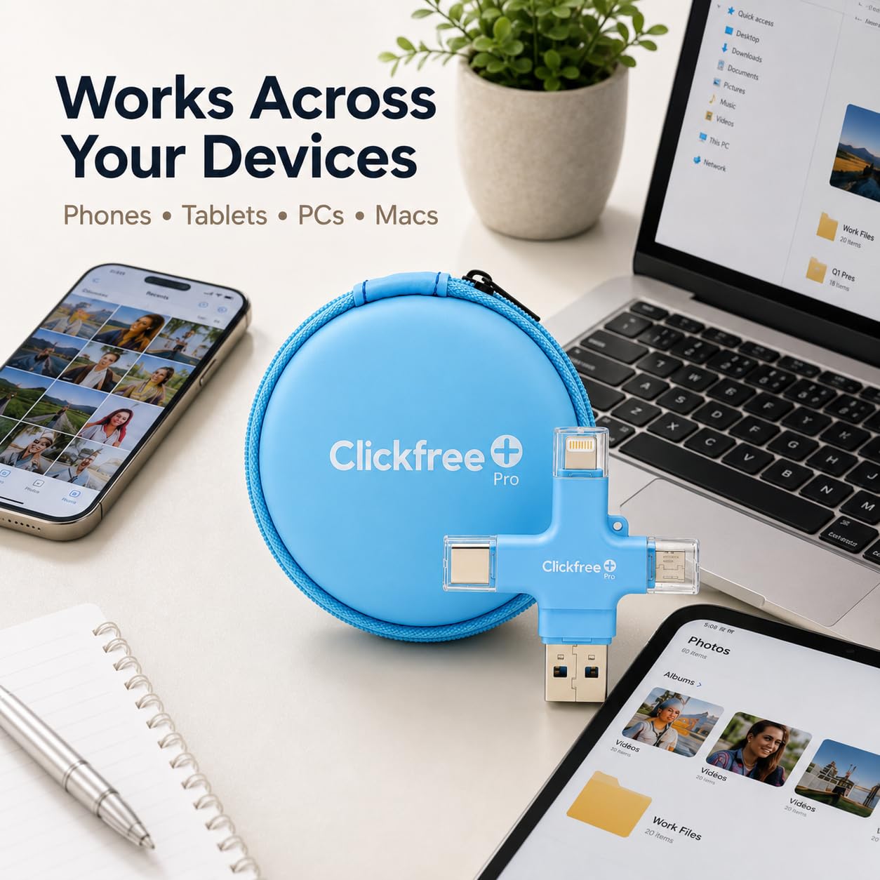 Clickfree Pro - Dispositivo de copia de seguridad de fotos y video 4 en 1 de 128 GB para iPhone, Android, iPad y Mac, incluye cupón de libro de fotos + créditos ilimitados de IA (azul cielo)