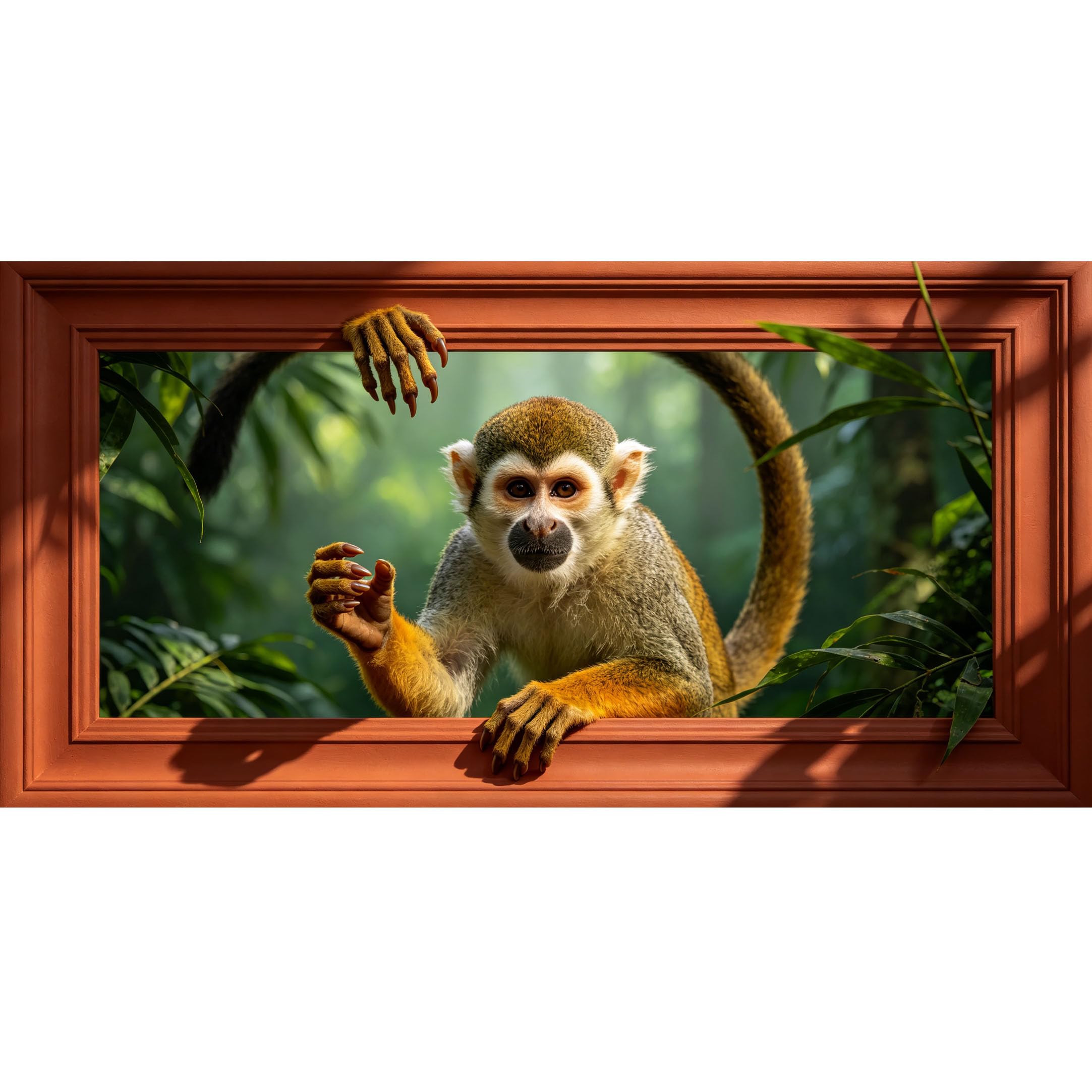 Agglomerix 3D Framed Wall Art Squirrel Monkey Tropical Jungle Foliage Wildlife Trompe l'oeil Large Size SelfAdhesive Removable Wall Decor Prints Artwork for Living Room Bedroom Office