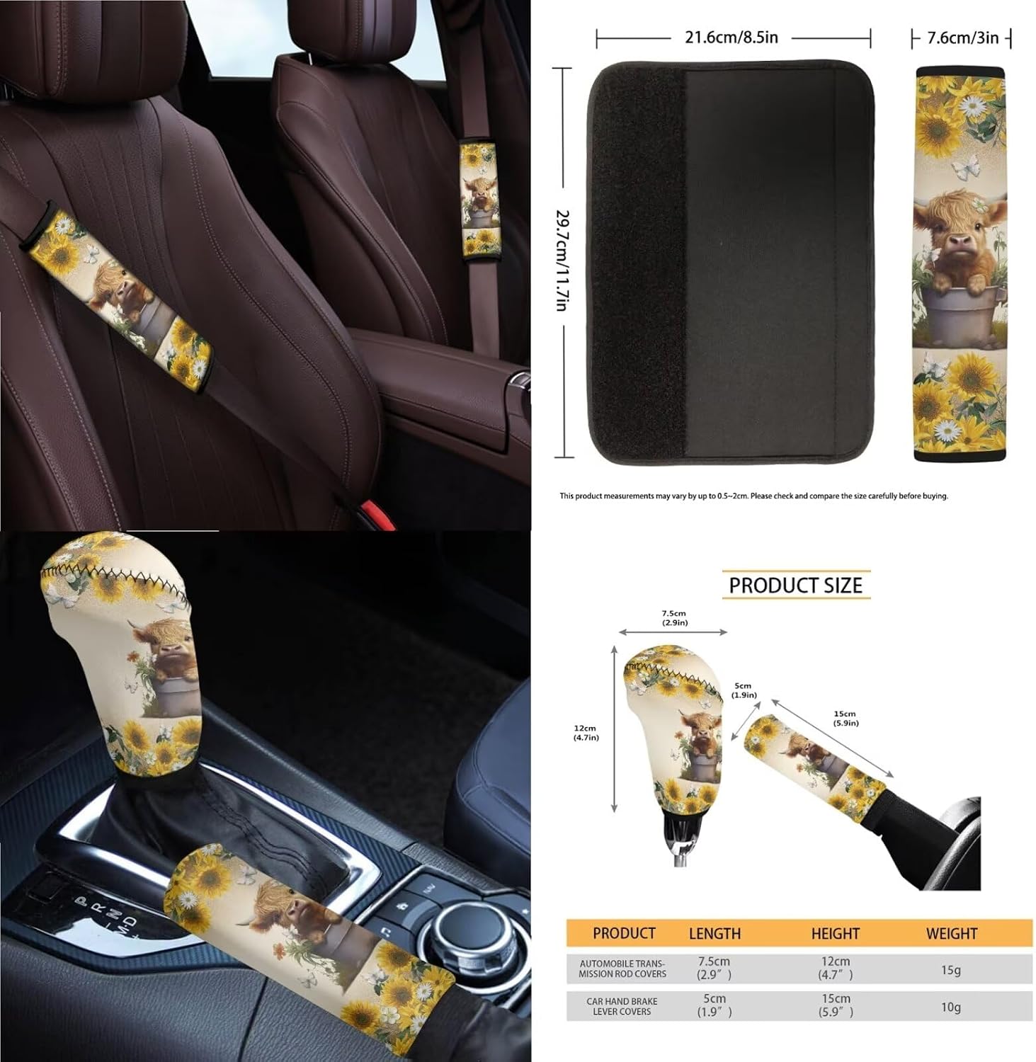Wanyint Highland Cow Sunflower Car Seat Covers Front Rear Full Set Steering Wheel Cover Seat Belt Pads Coasters Waste Bin Armrest Cover Cup Holders Rearview Mirror Cover Handbrake Cover Set, 14 PCS image 4