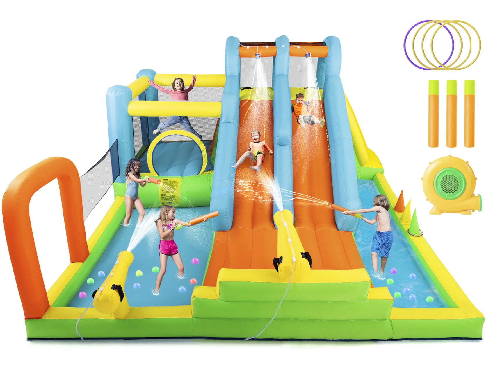 JOYLDIAS Inflatable Water Slide, Giant Water Park Bounce House with 2 Long Slides, Splash Pool,Trampoline, Climbing Wall, Ring Toss Game, 550W Air
