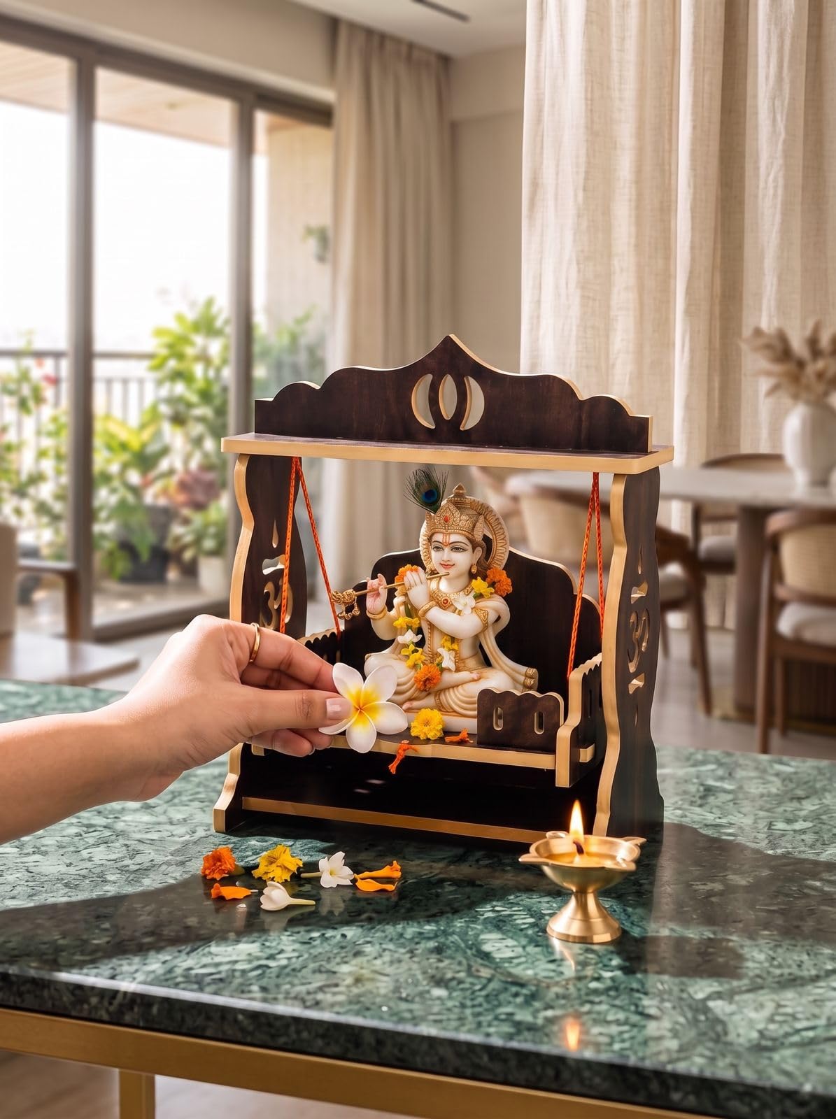 Wooden Laddu Gopal Jhula for Home Temple | Krishna Jhula Swing for Bal Gopal, Kanha Ji & Thakur Ji | Decorative Pooja Mandir Palna for Janmashtami-picture-12