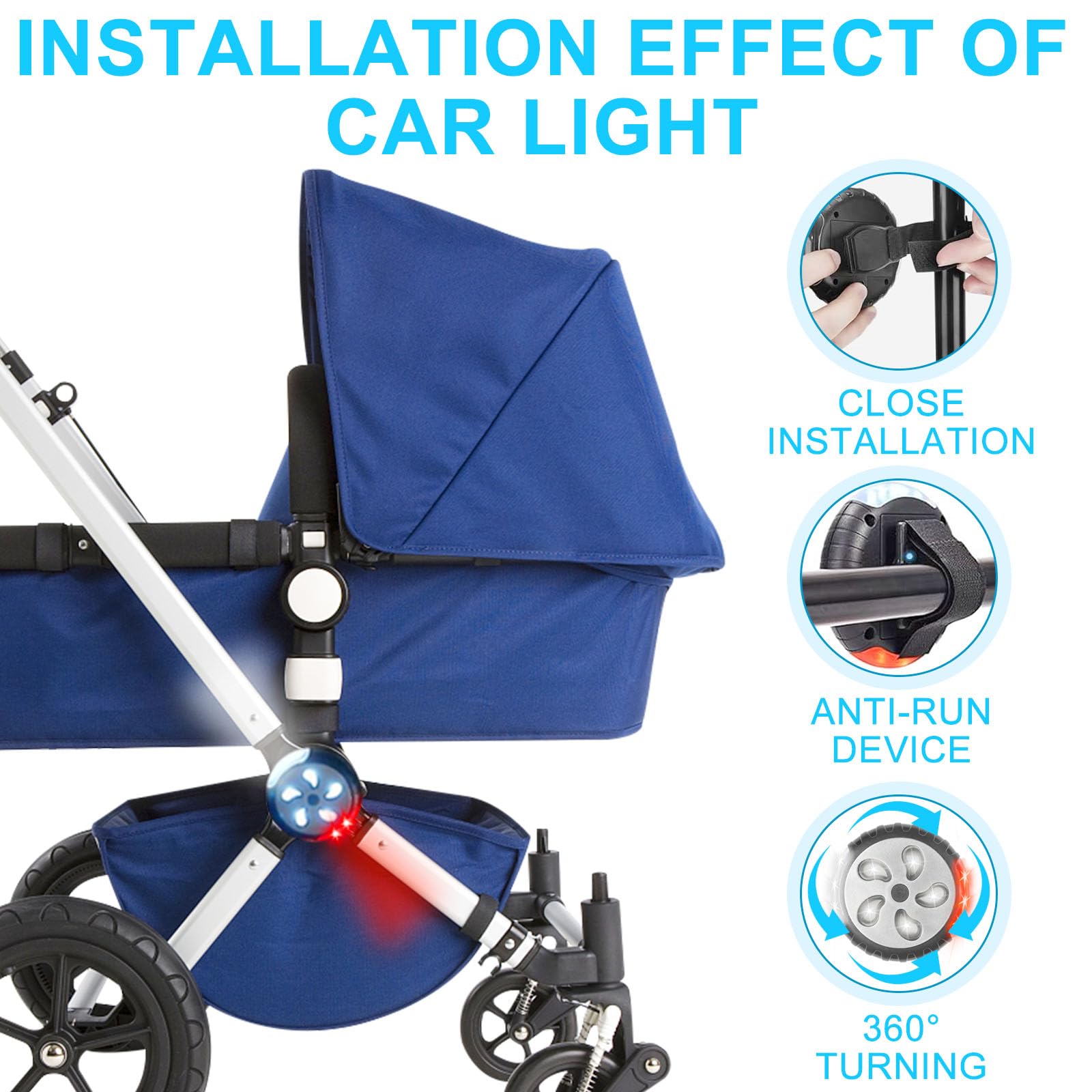 Luce per passeggino, 6 pezzi, luci LED per passeggino, impermeabile, con 3 effetti di luce, luce per passeggino, per tutti i passeggini, zaino, luce lampeggiante, accessorio per passeggino (bianco