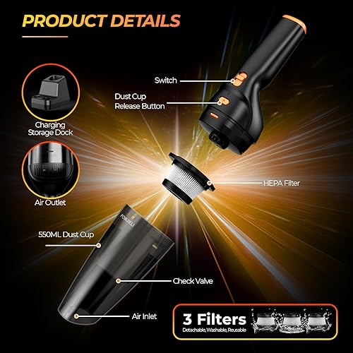 Miniatura 6 de Aspiradora de mano recargable inalámbrica, aspiradora de automóvil con succión de alta potencia de 12000 PA, batería de gran capacidad, con base de