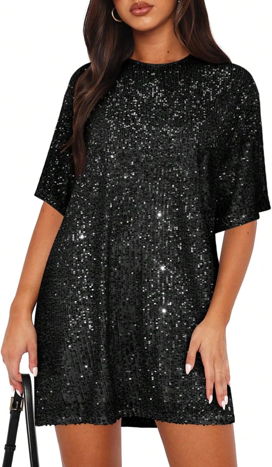OYOANGLE Women's Sequin Sparkly Short Sleeve Tunic Tshirt Dress Loose Glitter Cocktail Party Mini Dress - Image 4