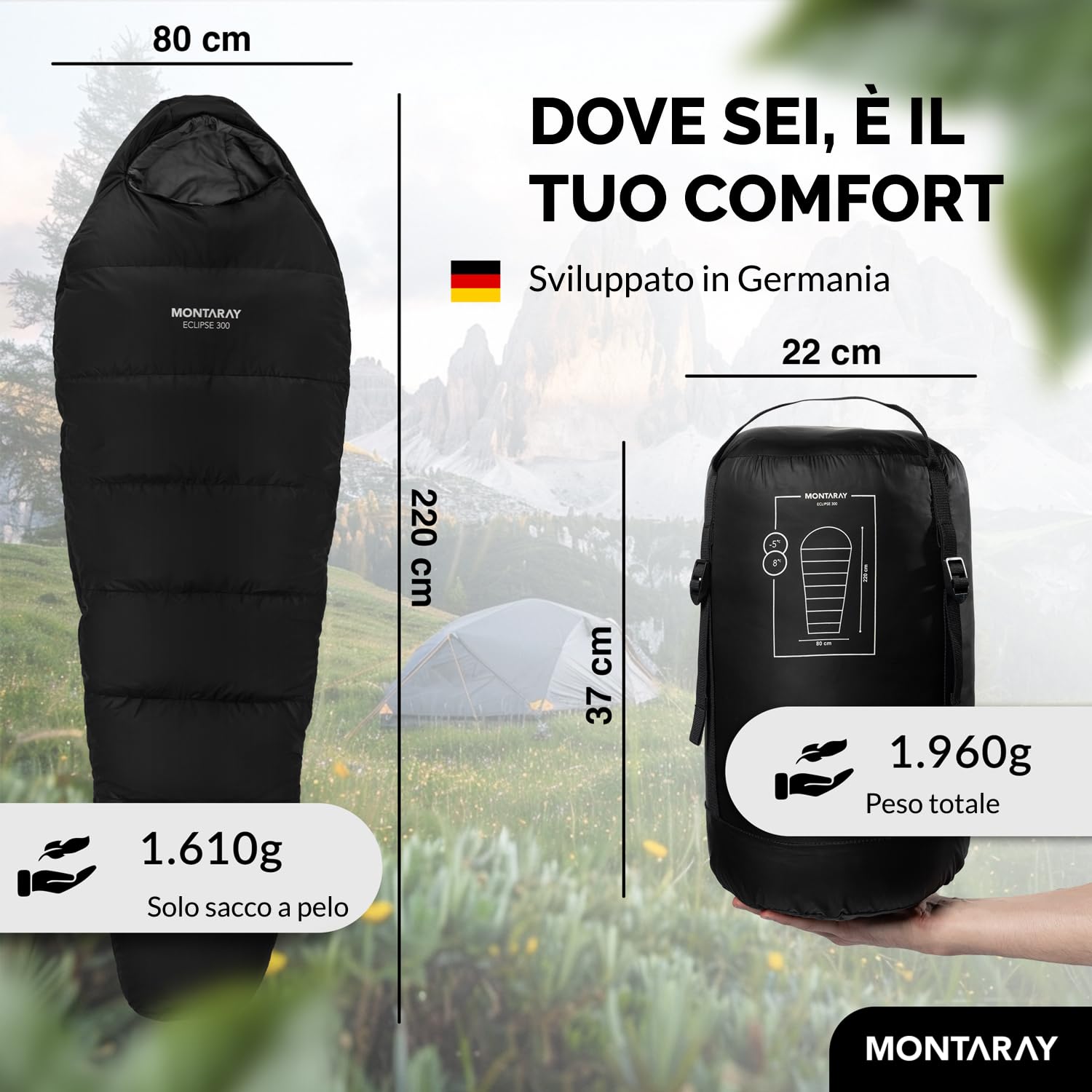 Sacco a pelo 3 – 4 stagioni [8 °C fino a -5 °C], sacco a pelo a mummia per attività all'aperto, campeggio [300 GSM] Sleeping Bag morbido e caldo, sacco a pelo dall'estate all'inverno, sacco a
