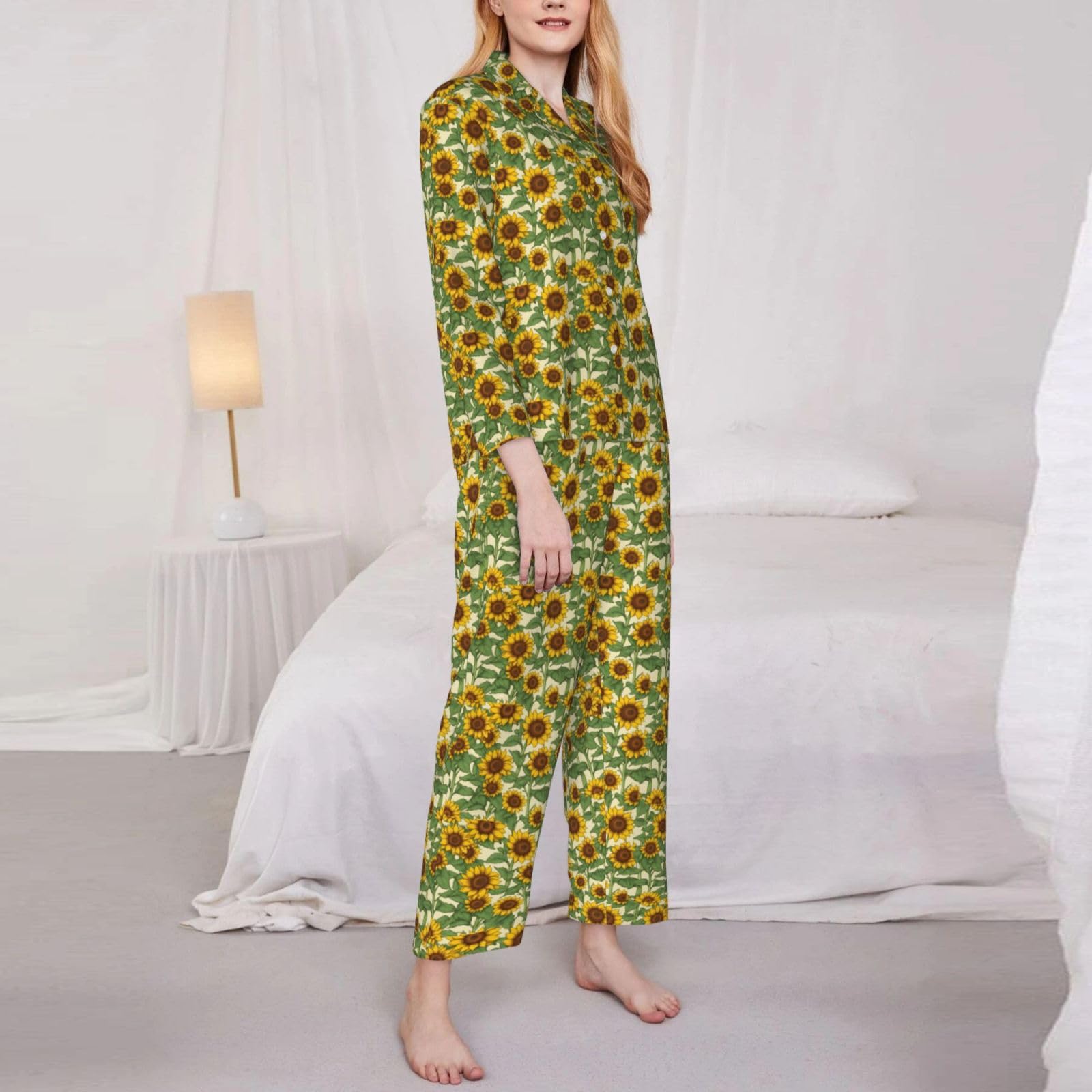 Pigiama a maniche lunghe da donna con stampa girasole Set Lounge Sleepwear Accogliente Nightwear Loungewear per tutti i giorni