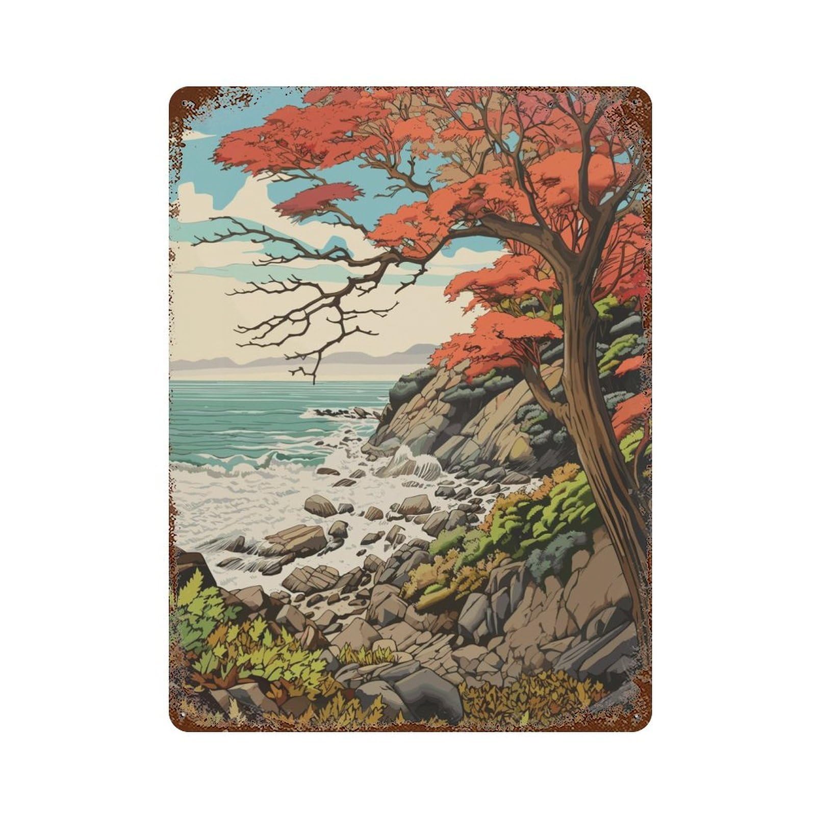Autumn Fall Coastline Vintage Wall Sign 15.7"x11.8", Rust Effect Metal Decor for Living Room, Hallway And Home Decor