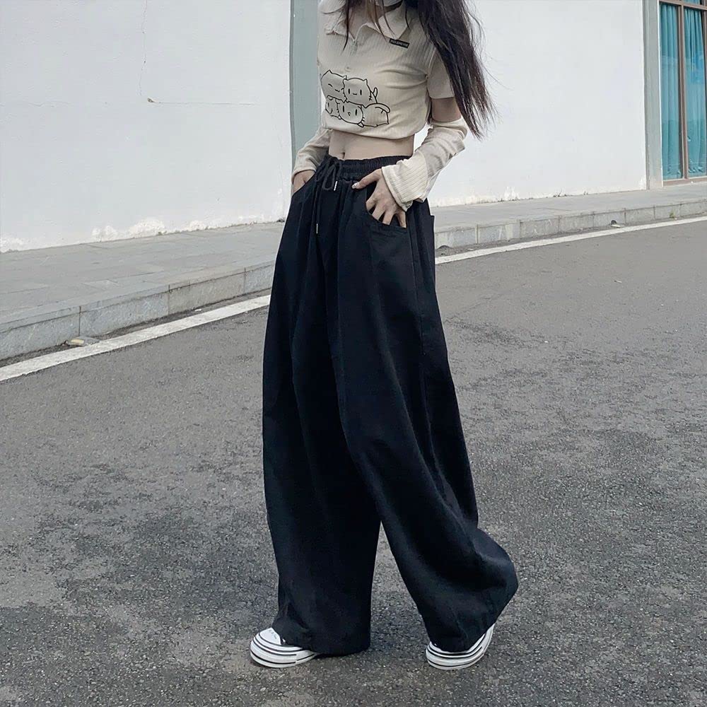 Pantalones de paracaídas para mujer, pantalones tipo cargo, holgados, Harajuku Y2K, cintura baja, pierna ancha, holgados, góticos, de hadas, Negro -, X-Large