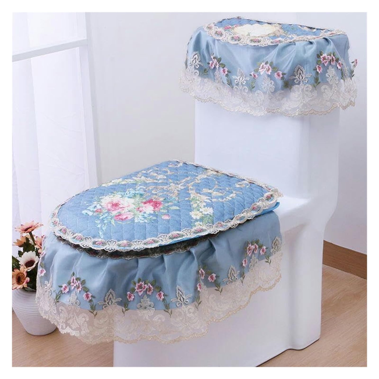 Toilet seat Cushion， 3pcs/Set Champagne Lace Flowers Toilet Lid Cover Set with 2 Pocket &Tank Covers seat Cushion(Blue)