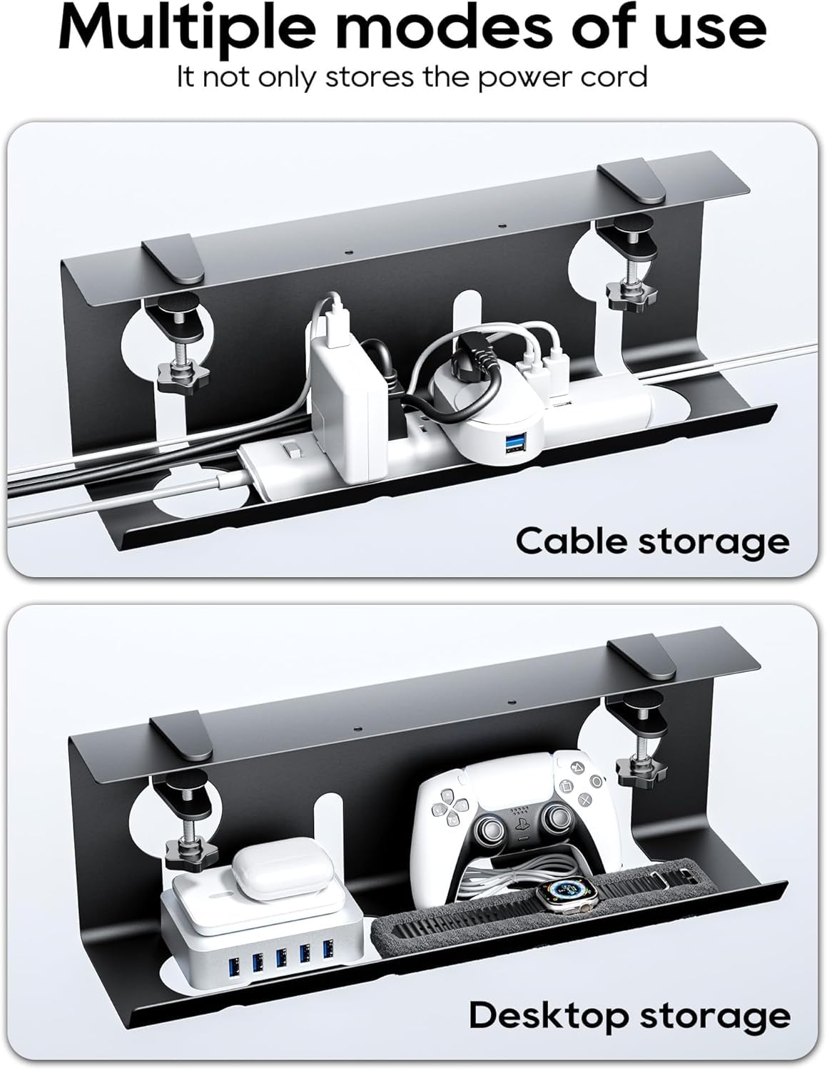 Under Desk Cable Management Tray - No-Drill Clamp-On Organiz