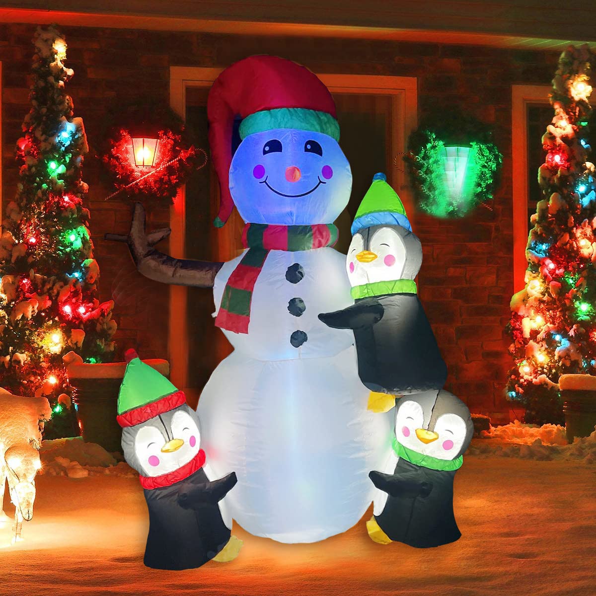 Seocsing 1.8M Christmas Inflatable Snowman with Three Cute Penguins Built-in Color Lights Blow up Inflatables Decoration for Outdoor Indoor Holiday Party Yard Giant Lawn