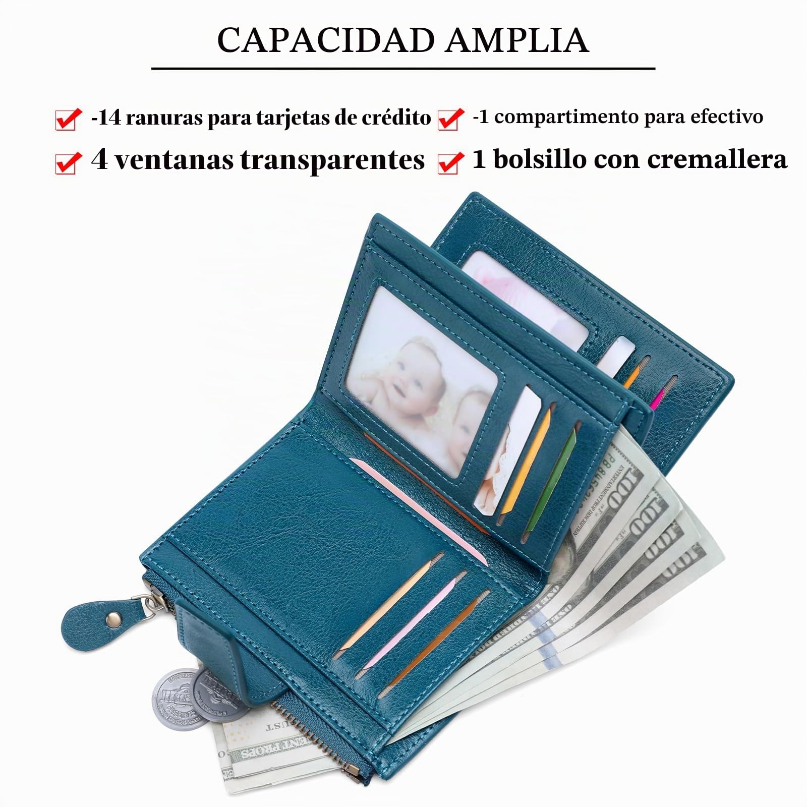SENDEFN - Cartera de piel con bloqueo RFID para mujer, tamaño pequeño, compacto, se pliega en dos, con cremallera y ventana para identificación, Talla única