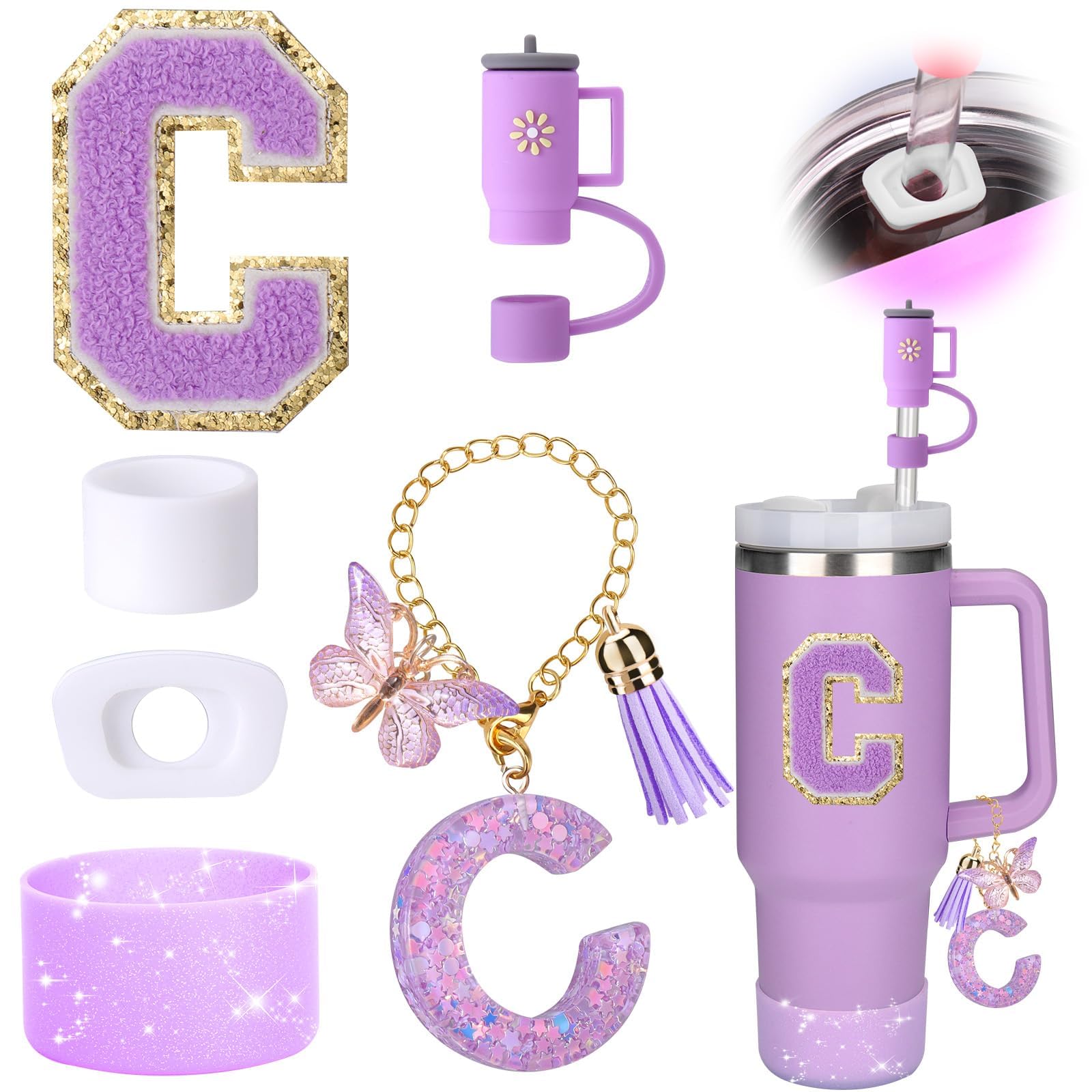 6PCS Cup Accessories Set for Stanley Cup 30oz 40oz tumbler with handle, Including Silicone Straw Topper Cover Cap and Boot, Spill Proof Stopper, Handle Charm, Initials Sticker,Cup not included(C)