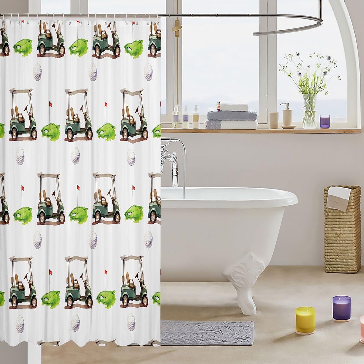 Erosebridal Golf Print Shower Curtain 72" Wx72 L Carts Waterproof Bathroom Accessories Golf Hole Ball Games Entertainment Bath Curtain for Bathroom Showers Leisure Ball Games Drak Green image 3