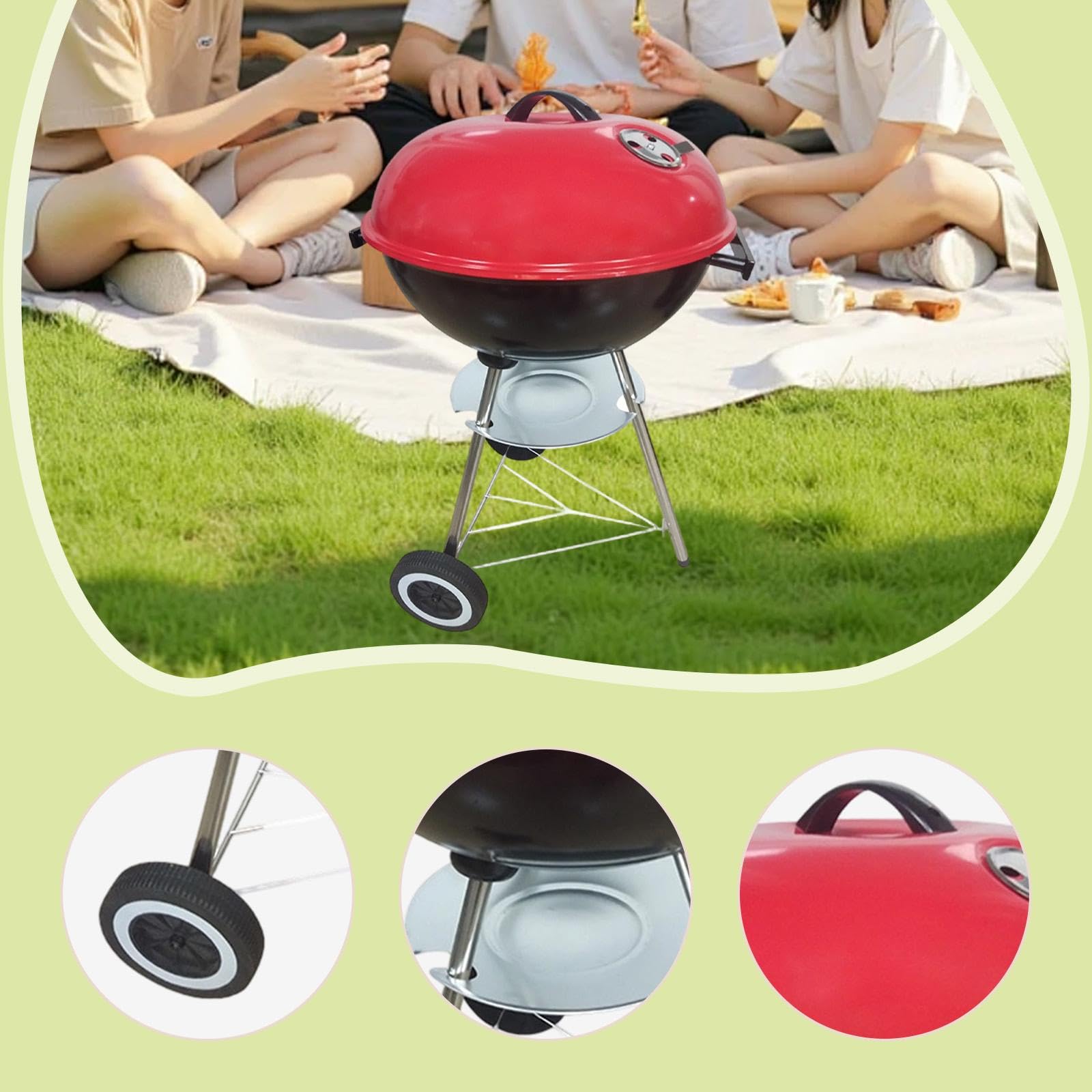 Barbecue Portatile con Ruote, Coperchio, Controllo della Temperatura E Ammortizzatori, Ideale per Esterni E Barche, Rosso