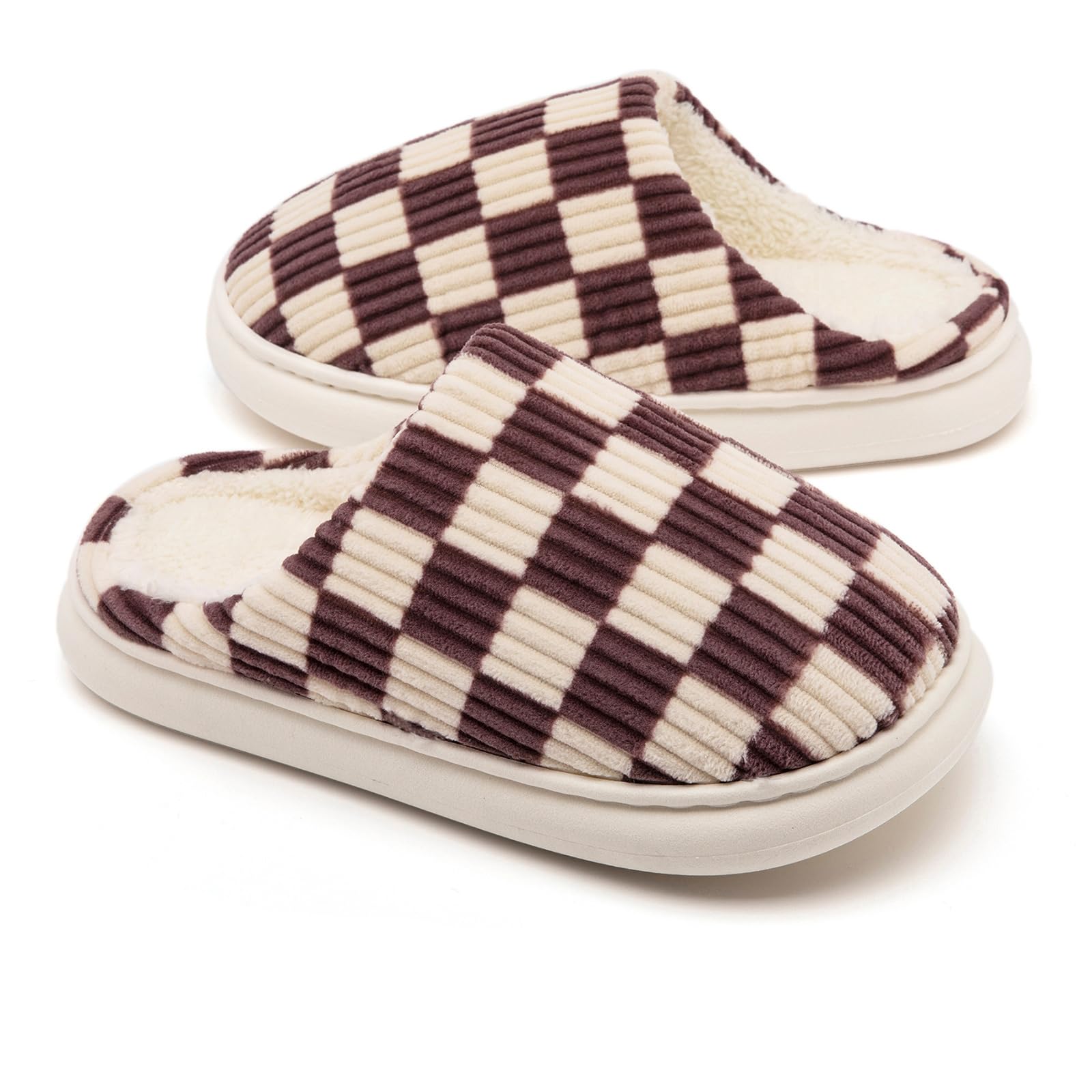 Yueerlu House Slippers for Woman Men, Fuzzy Checkered Mens Womens Slippers Warm Memory Foam House Shoes Indoor Outdoor with Faux Fur Lining