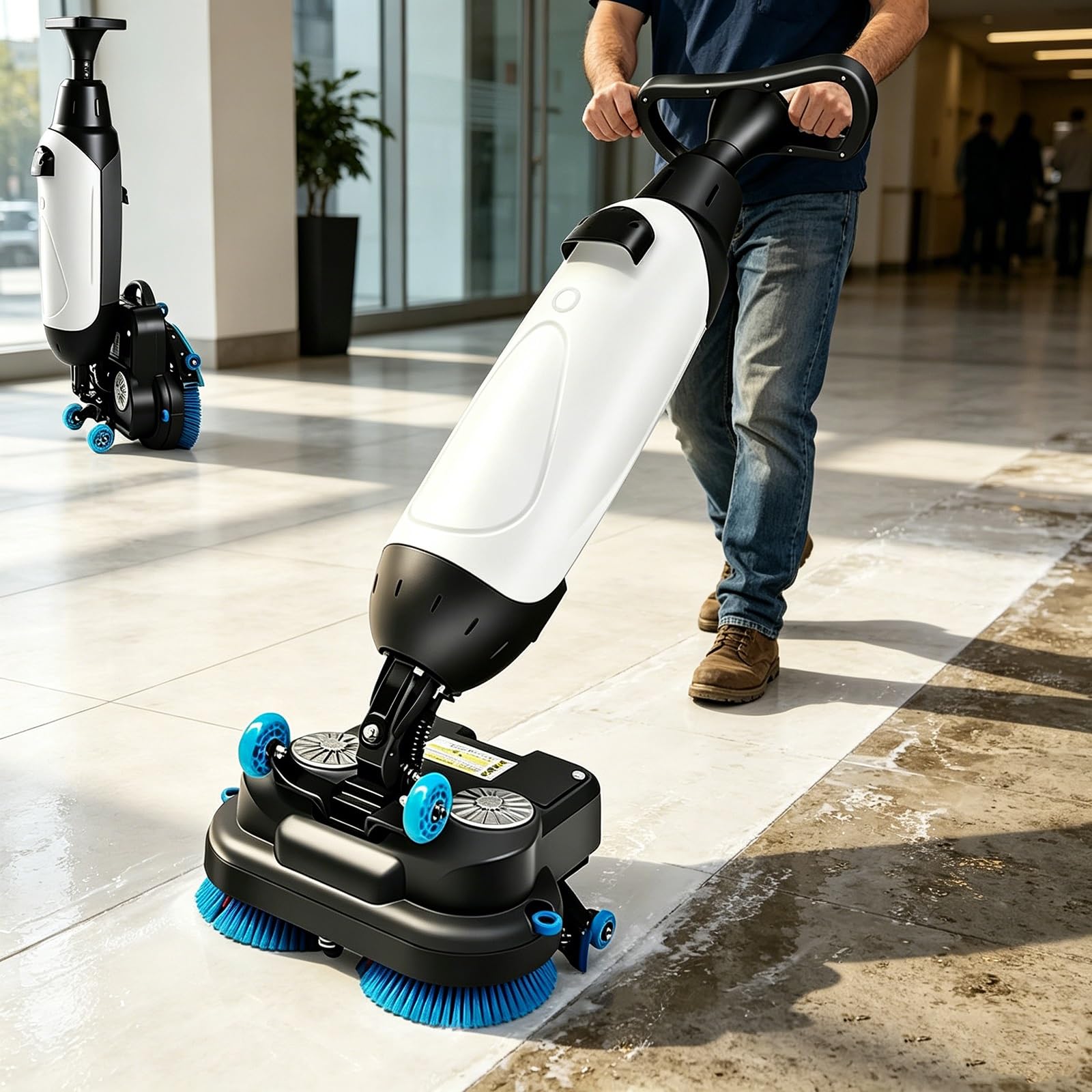 RSPPPJQ Power Scrub Brush,360°Rotating,Commercial Electric Floor Scrubber Tile Polisher,Self-Propelled,Convenient Cordless,for Tile,Hard Floor Cleaning(White)