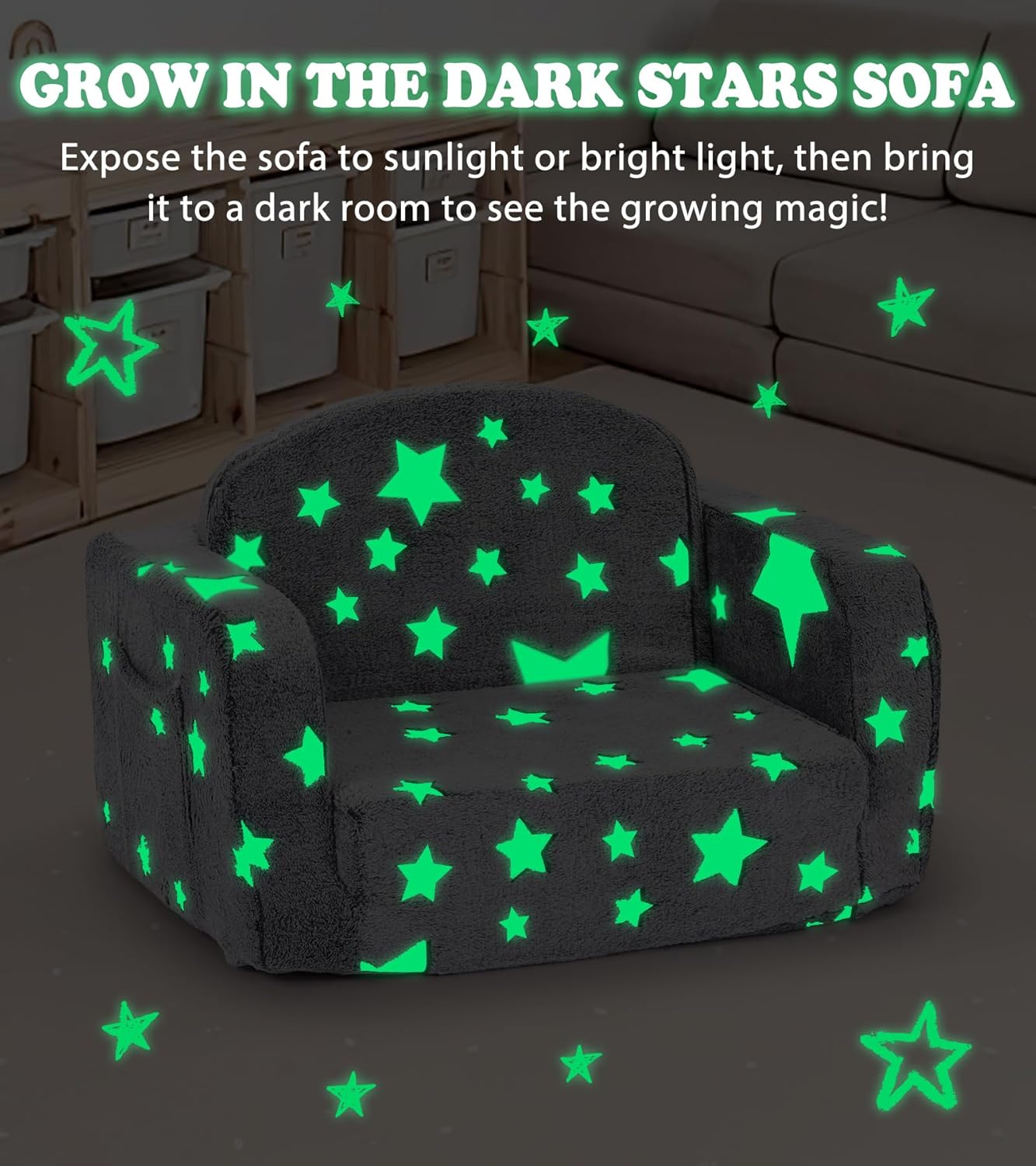 Kids Couch, 2-in-1 Soft Toddler Couch Fold Out with with Blanket and Cloud Pillow, Glow in The Dark, Toddler Chair Comfy, Convertible Sofa, Gifts for Kids Girl Boys, Medium Grey Star - Image 6