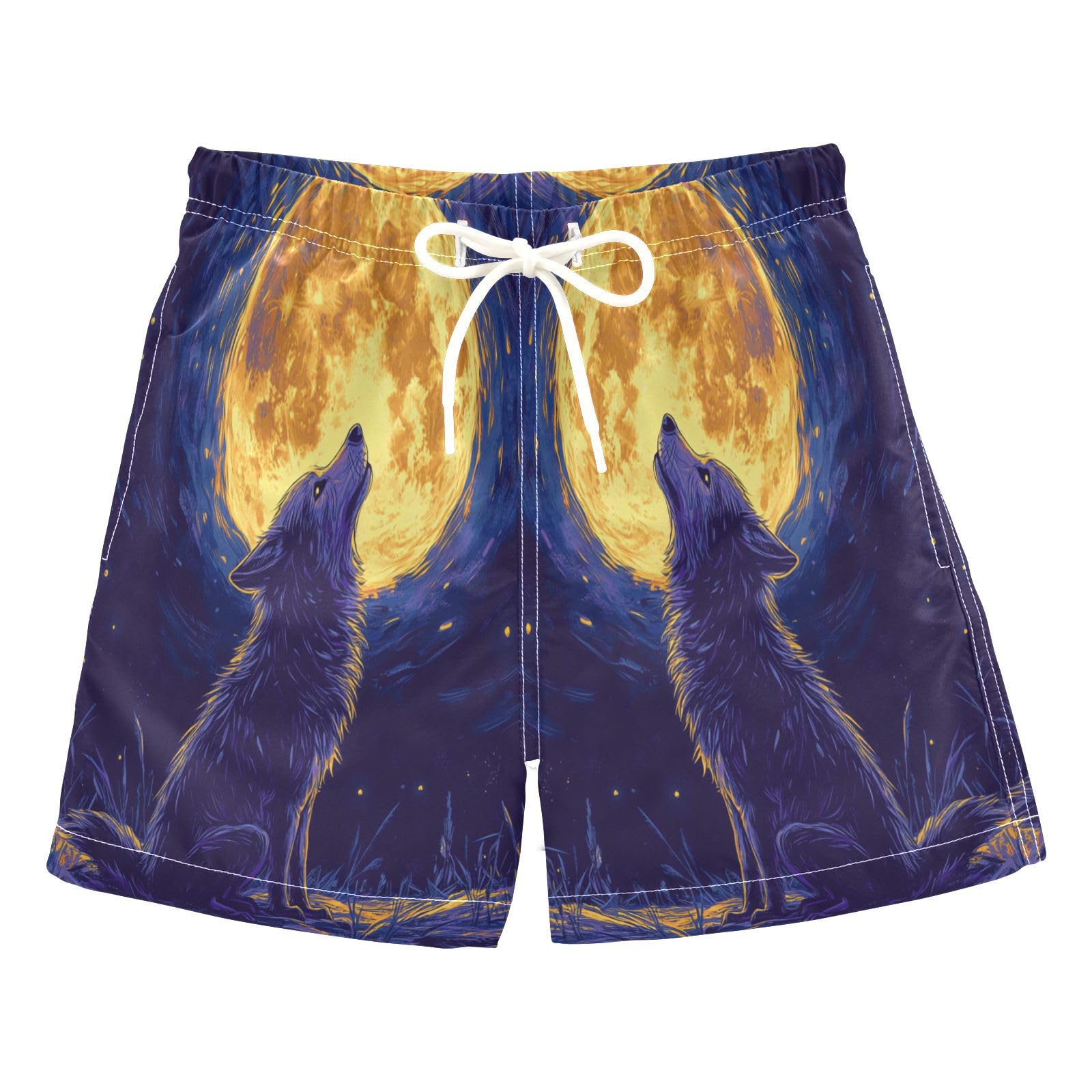 Jucciaco Boys Swim Trunk Wolf Starlit Sky Dog Beach Board Shorts Teen Swimwear Multicolor