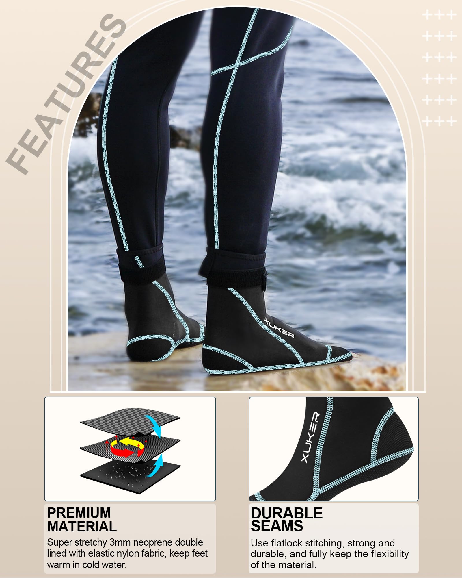 XUKER Neopren-Wassersocken, 3 mm, sanddichte Strand-Volleyball-Socken, Wasserschuhe, Tauchstiefel für Outdoor-Wassersport | Tauch-Schwimmsocken für Outdoor-Wassersport