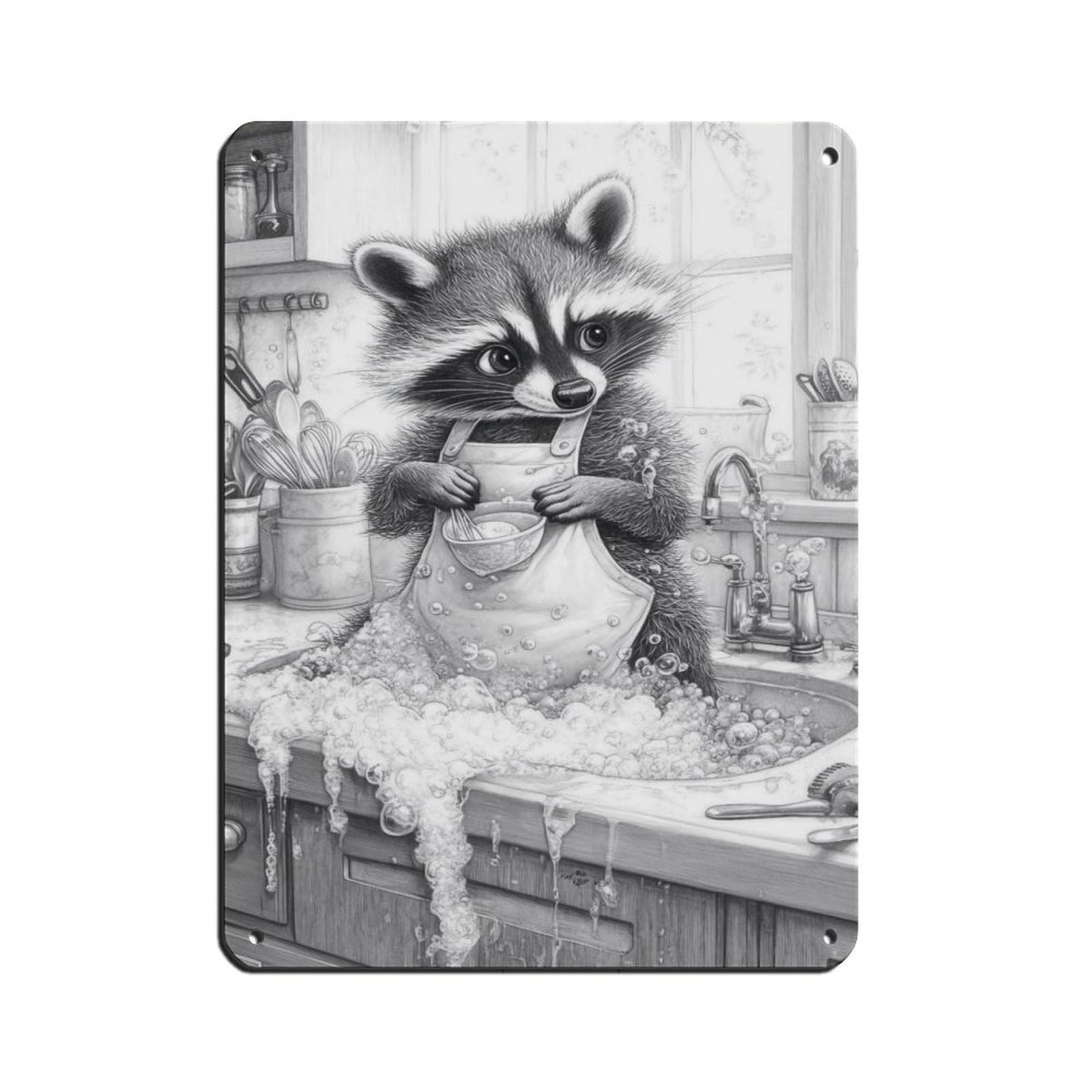 Adorable Raccoon Kitchen Art Retro Poster Metal Tin Sign Chic Art Retro Iron Painting Bar People Cave Cafe Family Garage Poster Wall Decoration 12x16inch(30x40cm)