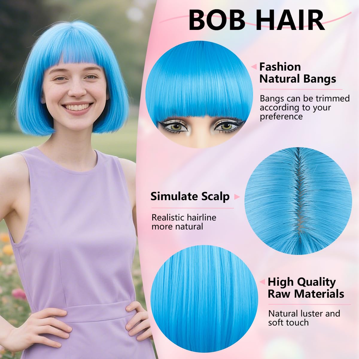 JIAMEISI Blue Bob Wig with Bangs 12Inch Straight Short Bob Hair Synthetic Fiber Cosplay Party Colourful Wig for Women Girls Christmas Halloween Fashion Looking (Light Blue) - Image 3
