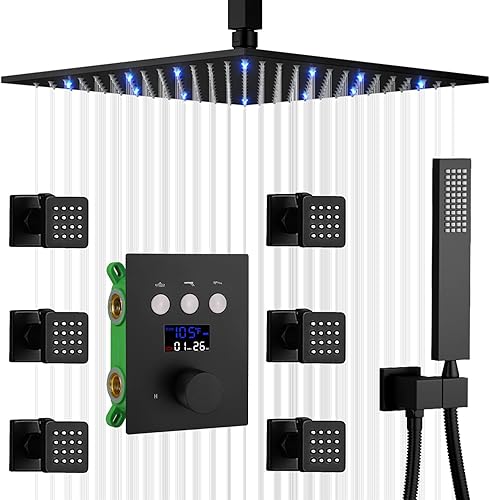 Sistema de ducha negro mate de 12 pulgadas LED de techo para baño, juego de grifo de ducha de cuerpo completo con control de flujo, chorros de