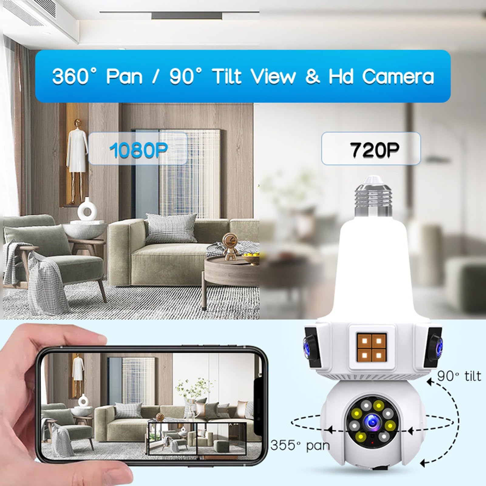 Cryfokt Telecamera di Sicurezza a Lampadina, 2 Obiettivi con Visione Ampia da 110 Gradi, Wireless WiFi da 2,4 GHz, Rilevamento del Movimento, con PTZ a 360 Gradi e Visione Notturna, per