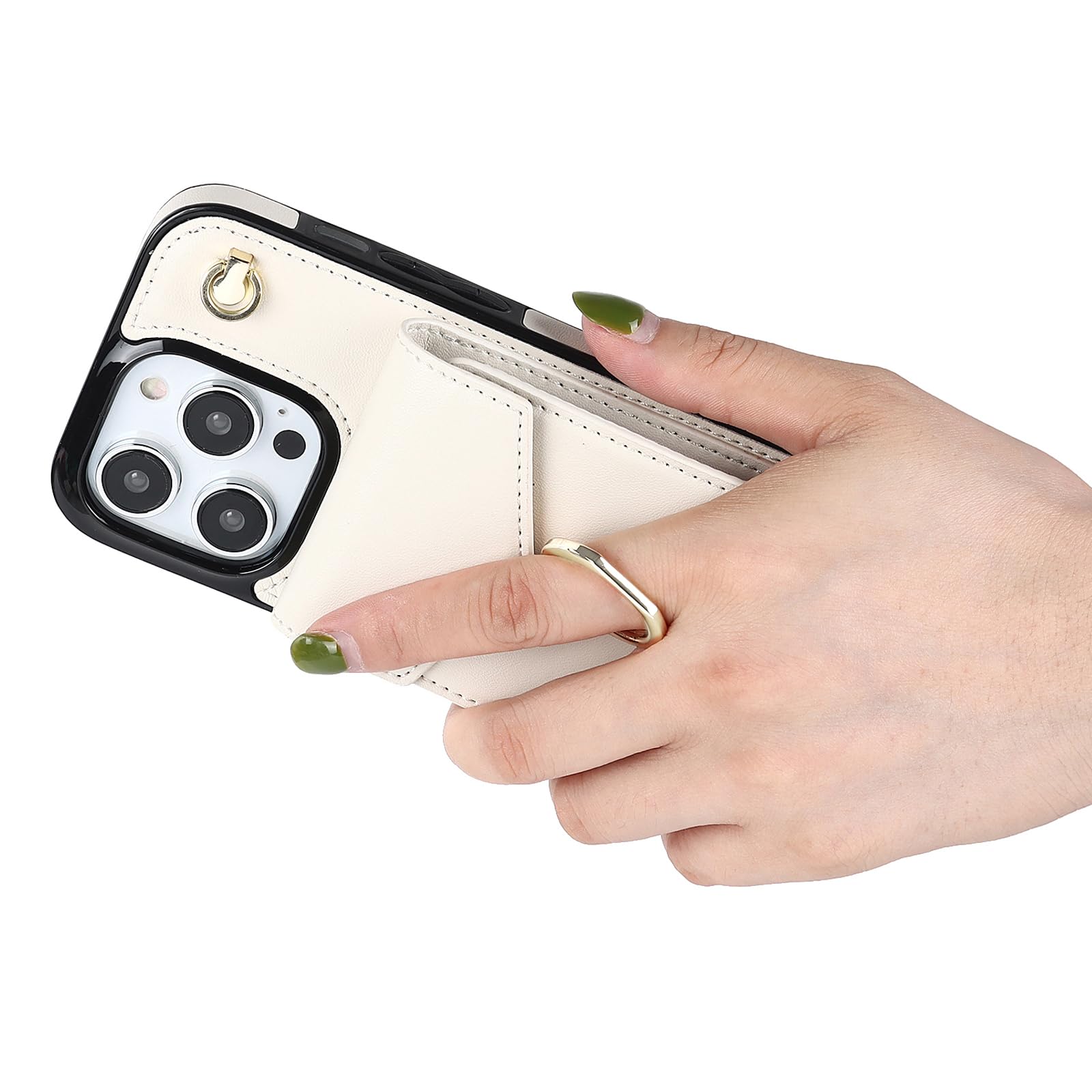 Schutzhülle Für IPhone 13 Pro – Mit Kartenfach, 360° Drehbarer Ringständer, Lederoptik, Beige