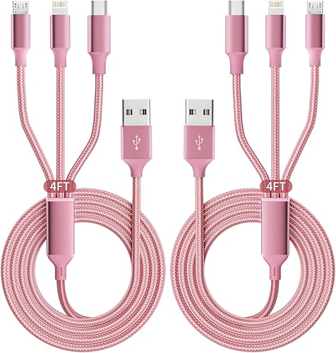 IDISON Cable de carga múltiple (paquete de 2 de 4 pies), cable de carga 3 en 1 de nailon trenzado, cable de carga rápida universal UBS con puerto