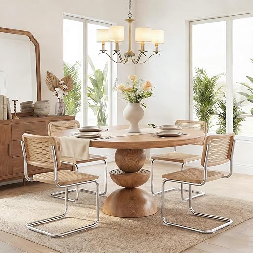 Miniatura 8 de Flouki Juego de 2 sillas de comedor de ratán, sillas bohemias para cocina con malla de caña natural, diseño voladizo de mediados de siglo, madera