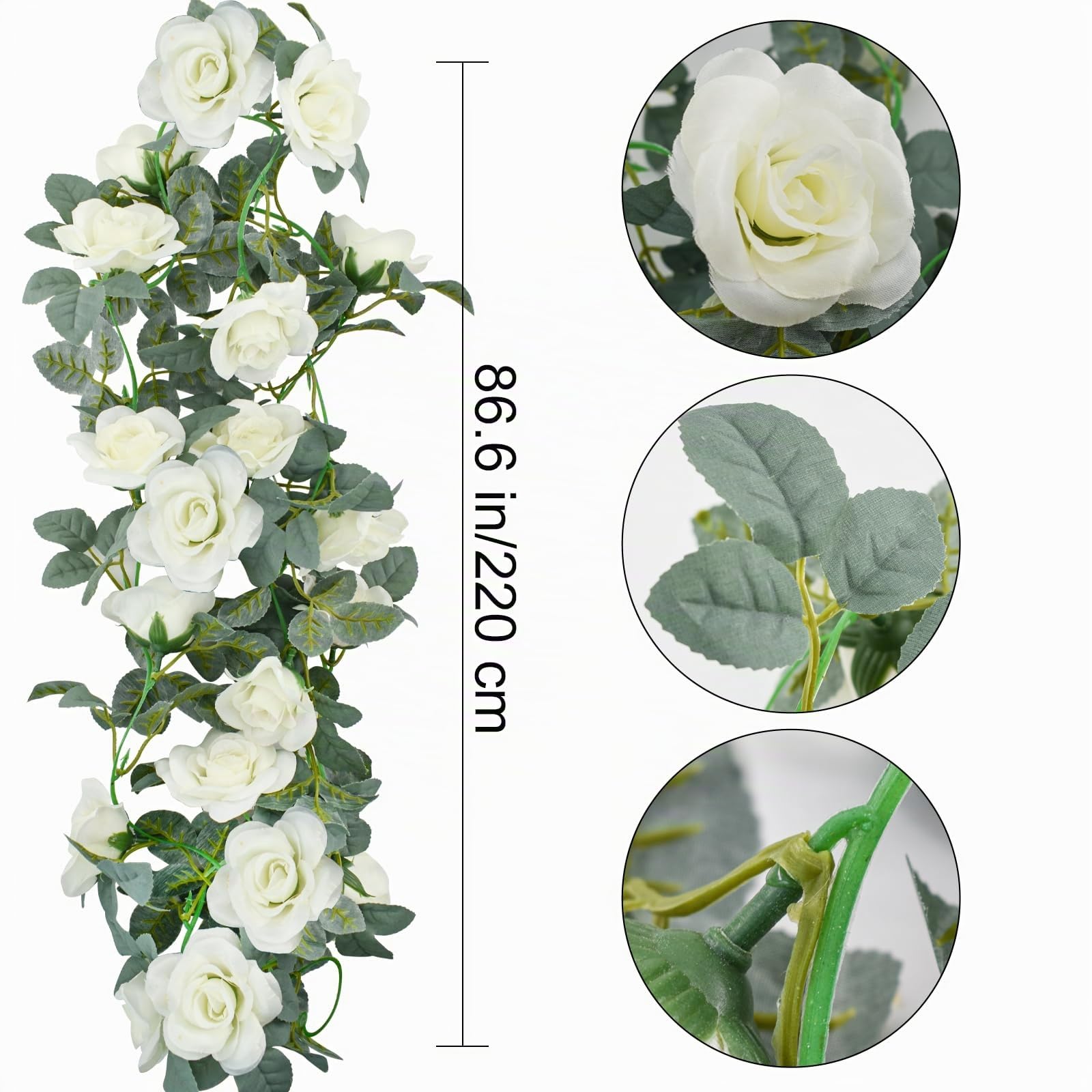 Blumengirlande Rosenranke 4Stk 8,53m Künstliche Blumengirlande mit grünen Blättern, hängende Rosenranke für Hochzeit, Party, Garten, Heim- und Wanddekoration (Weiß)
