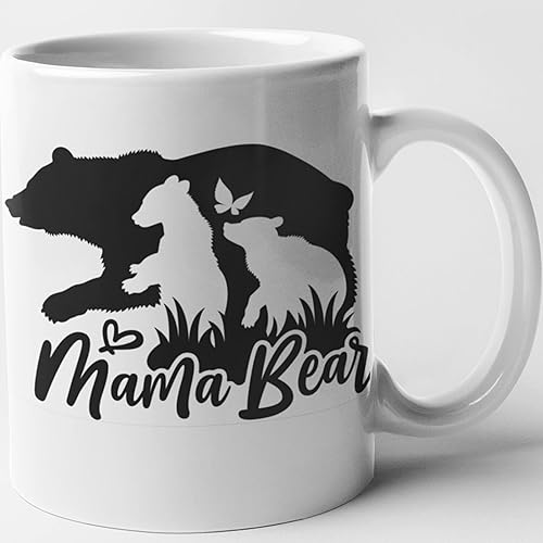 Taza de café con texto en inglés "Mama Bear", regalo divertido de taza, taza de café novedosa, taza de café de cerámica de 11 onzas, ribete negro