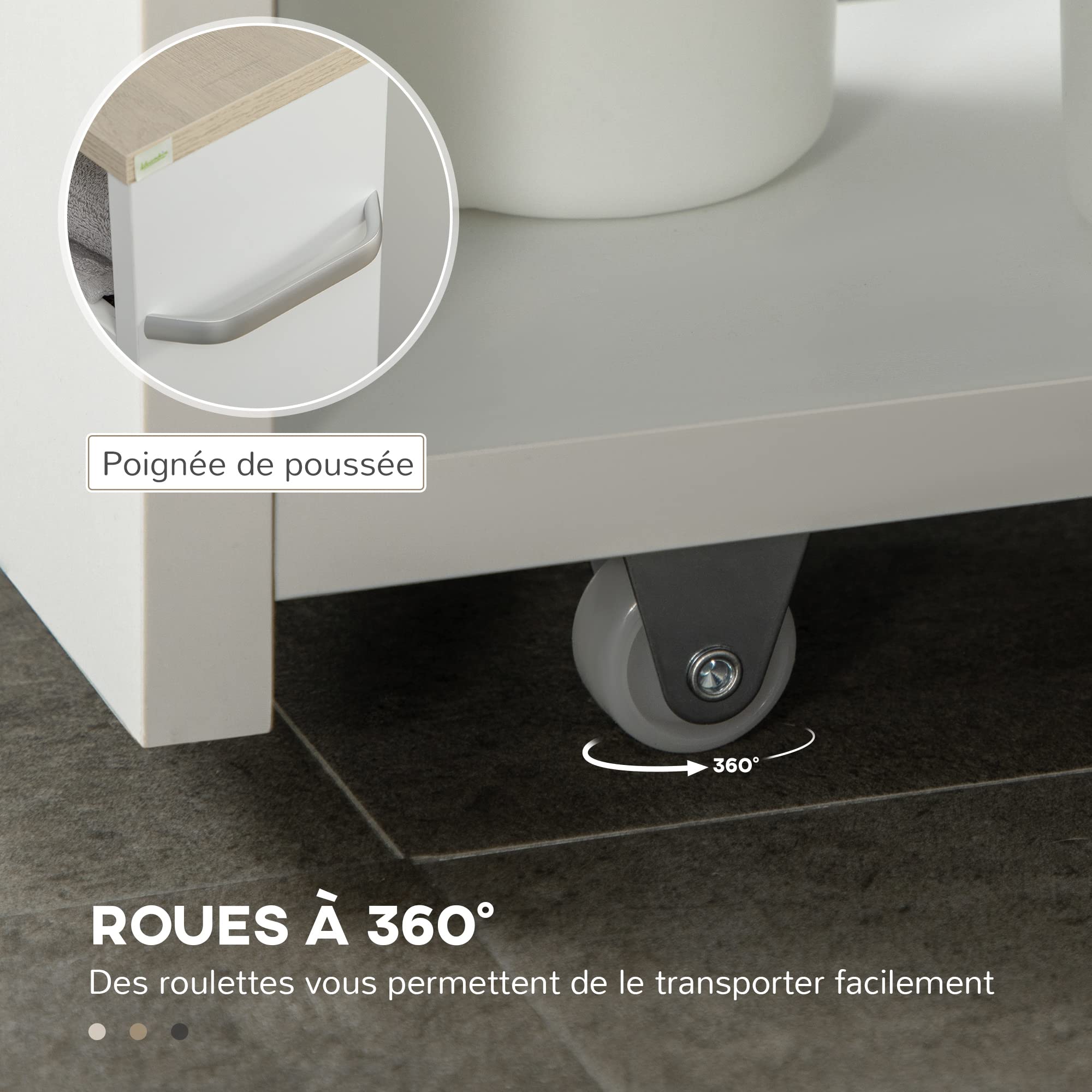 kleankin Chariot de Rangement à 3 Niveaux Chariot de Stockage étagère sur roulettes pour Cuisine étroite Salle de Bain buanderie Bureau avec poignée - 48 x 15 x 80 cm Blanc