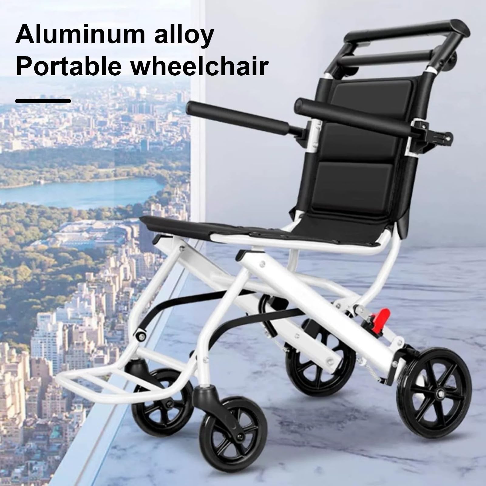 Silla de ruedas plegable, silla de viaje portátil para adultos, silla de ruedas de transporte ligera con correa de seguridad ajustable, marco de aluminio, ruedas de poliuretano, diseño