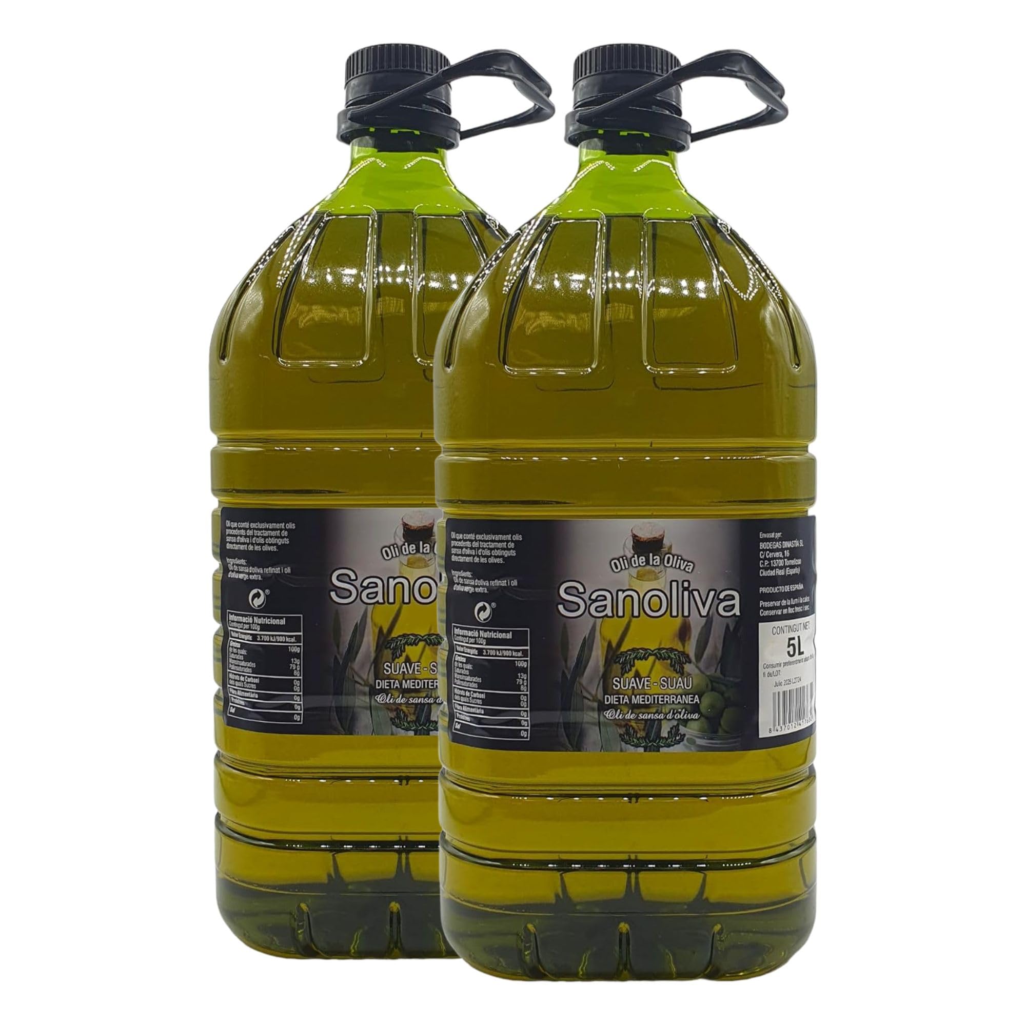 Aceite de Orujo - Aceite de Oliva Suave - SANOLIVA - 5 Litros - Origen ESPAÑA - Aceite de Oliva Sansa/Orujo - Pack 2 Garrafas x 5 litros